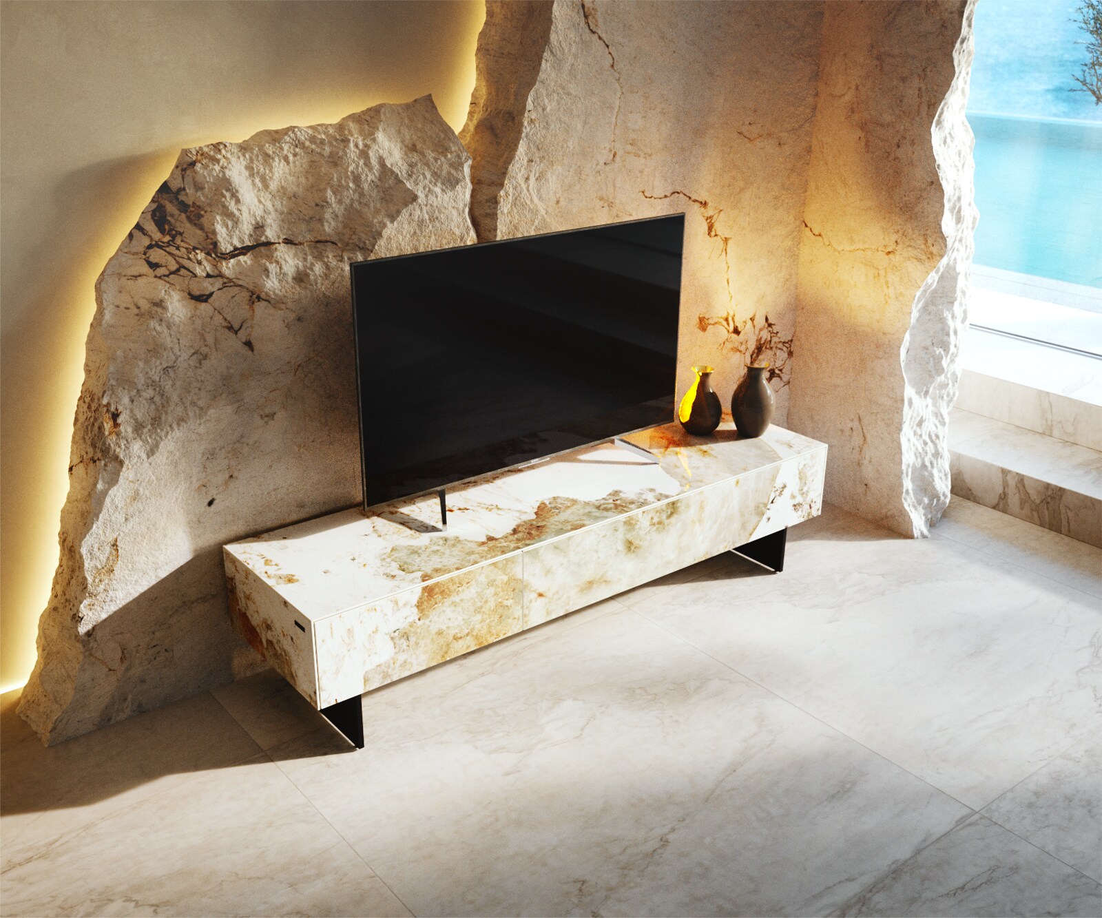Meuble-TV Cuor 150 cm Céramique Minas Melange Blanc-beige 1 Clapet 1 Tiroir Pied optique flottant Métal Noir 3