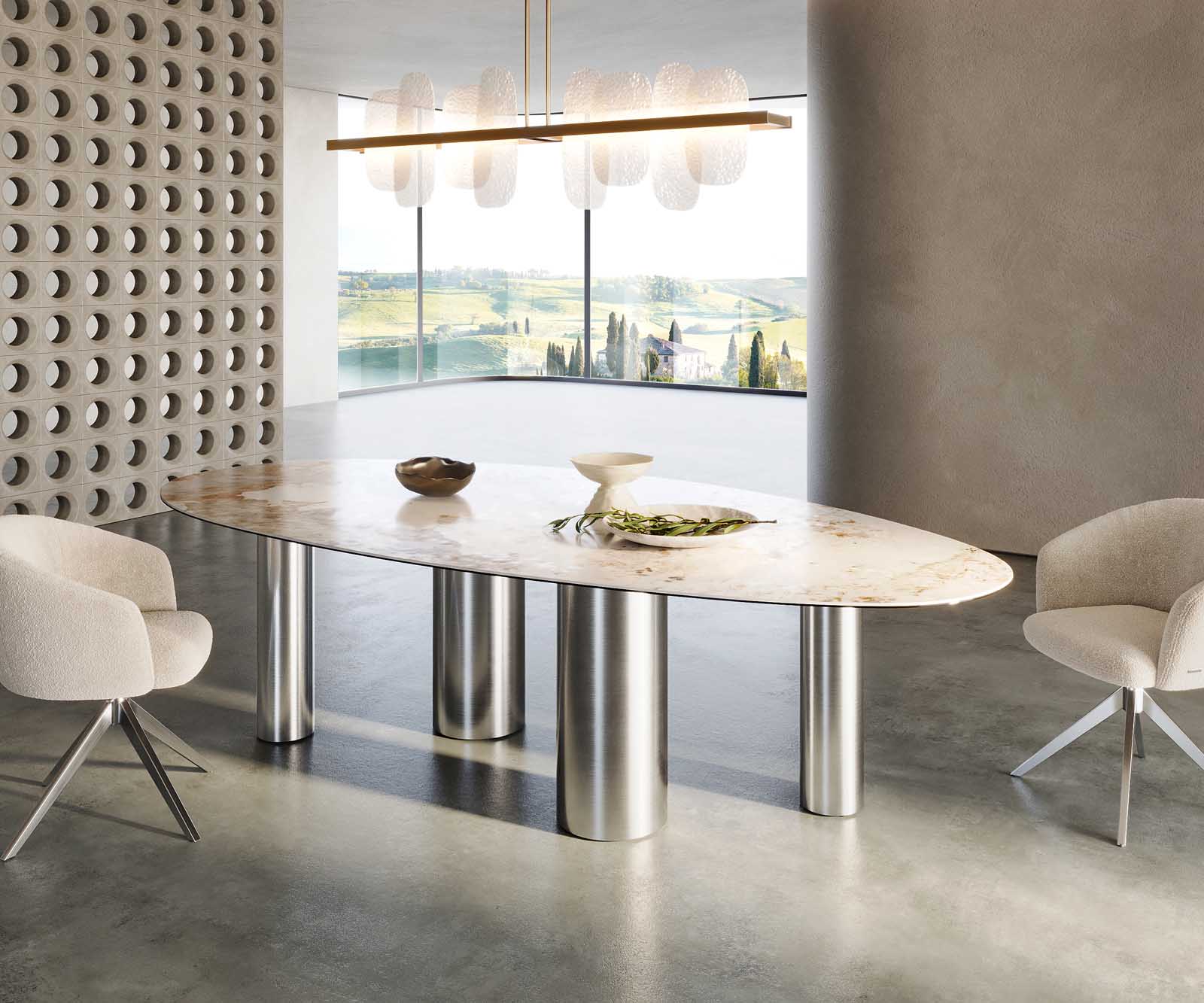 Table à manger Edge Oval 280x130 Céramique Minas Melange Blanc-Beige Pilier Acier inoxydable 6
