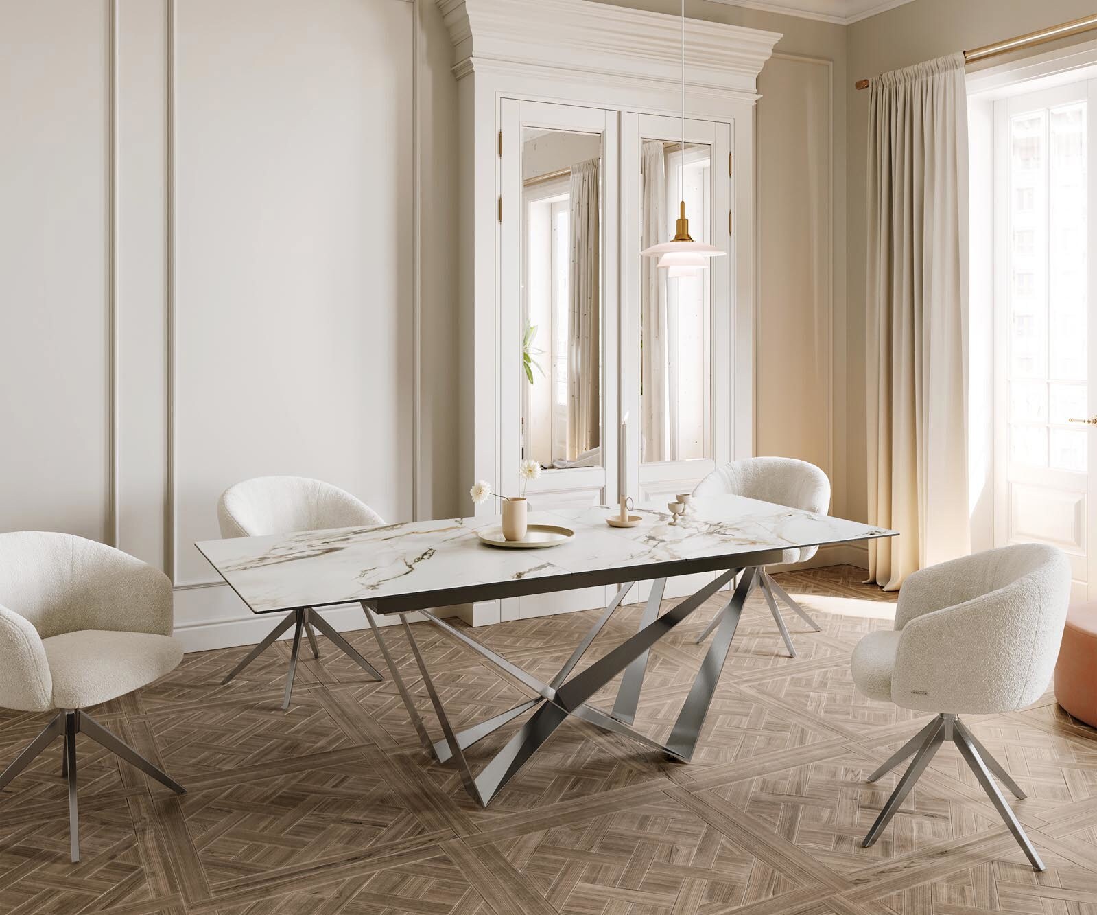 Table à manger Edge 180-220x100 céramique Calacatta Luxe blanc-doré-gris Spider acier plat acier inoxydable extensible 6