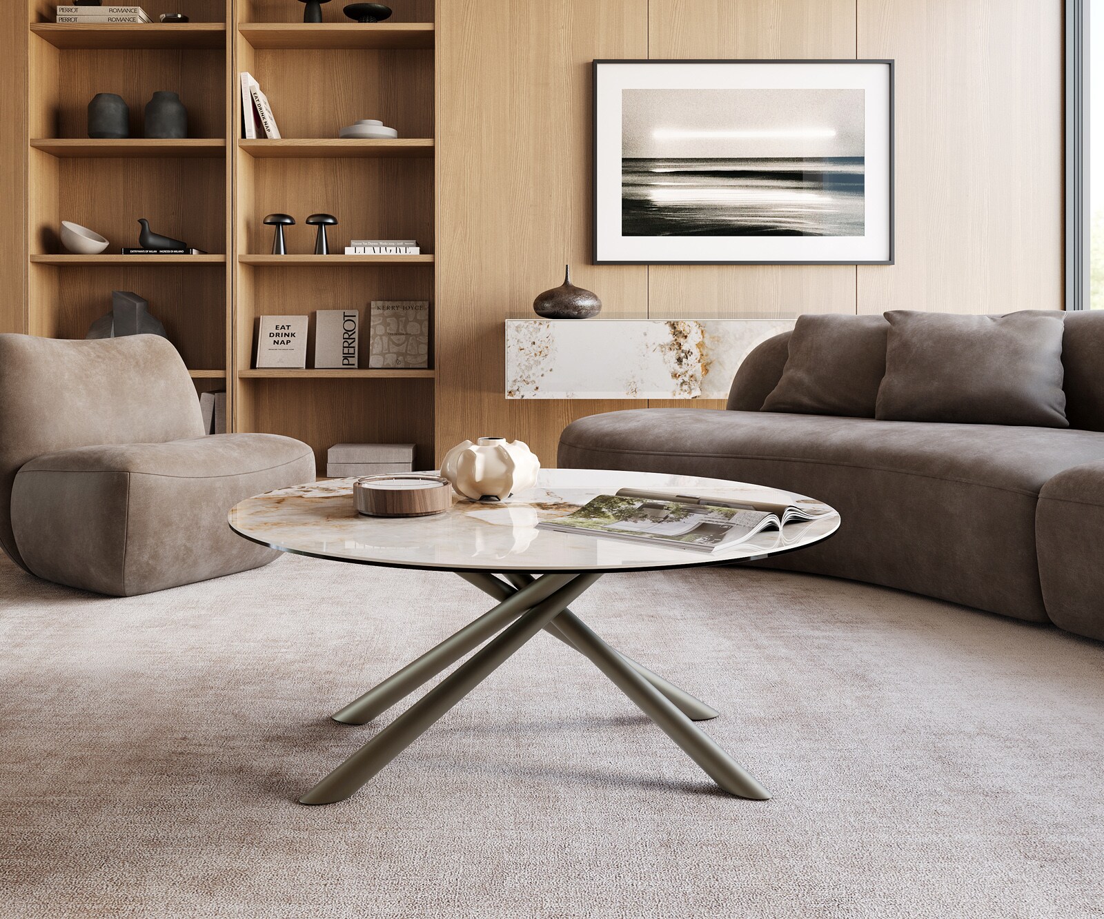 Table basse Edge rond 100x100 cm céramique Minas Melange Sarity Metall finition effet titane 1