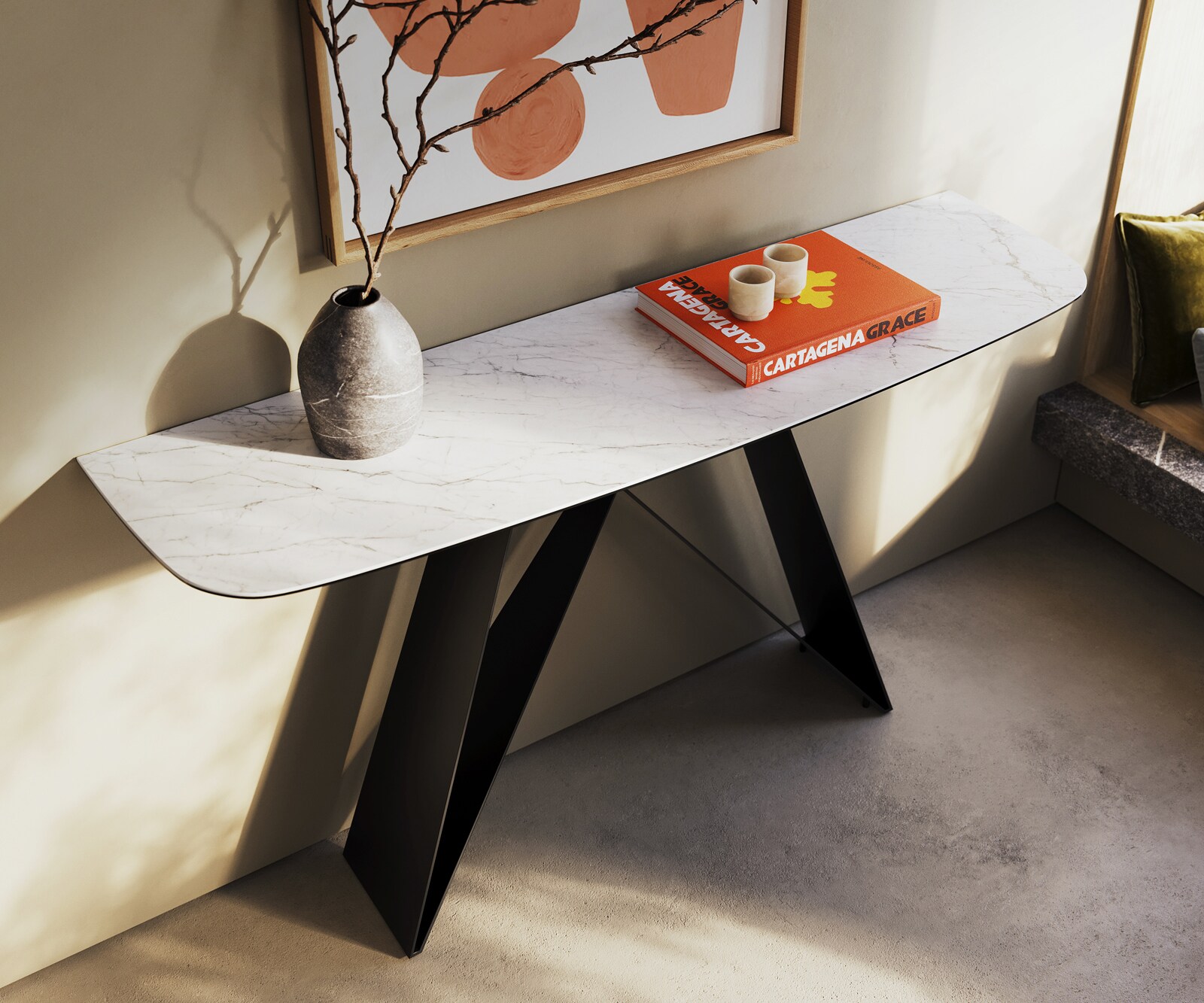 Console Edge forme bateau 140x40 cm Céramique Laminam® Statuarietto Weiß Velio Métal Noir 2