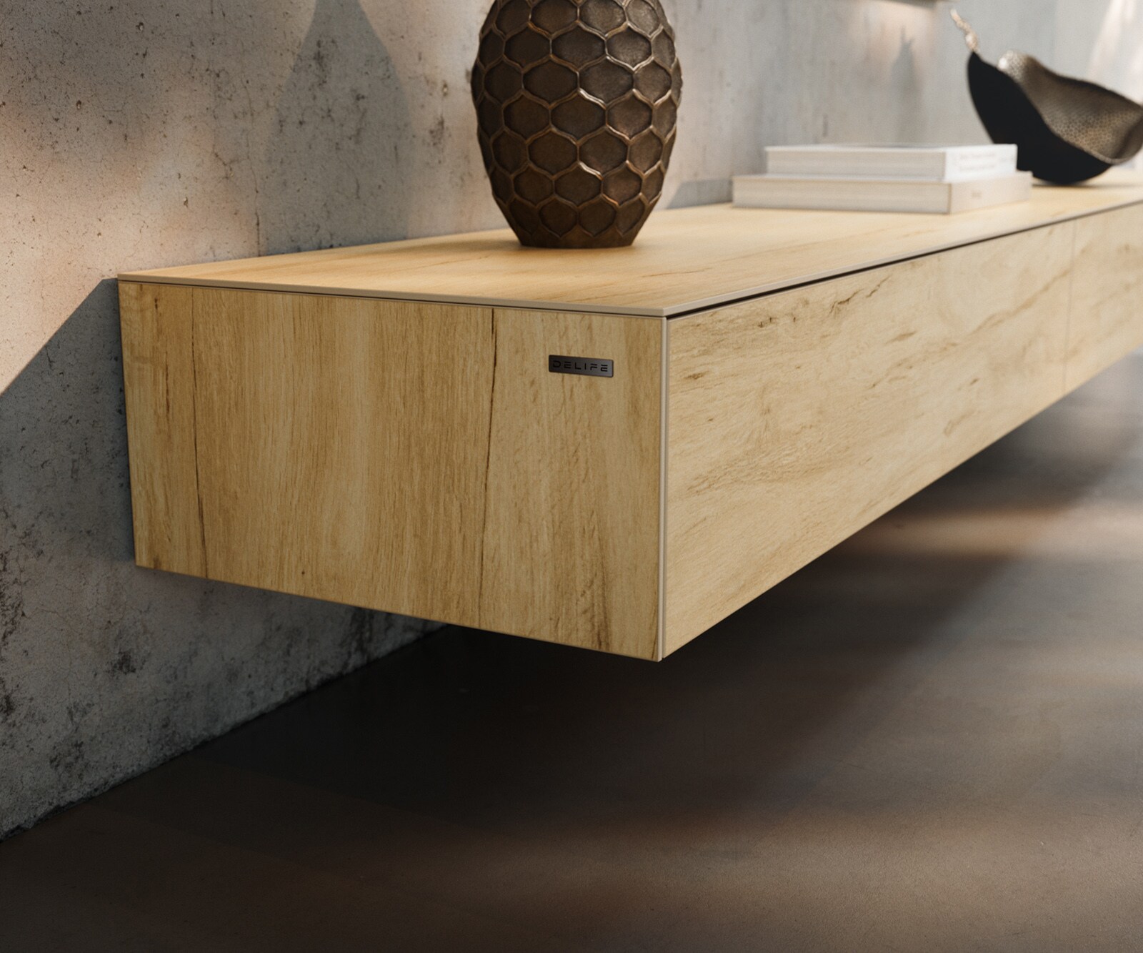 Meuble-TV Cuor 250 cm Céramique Laminam® Sabbia Teinte chêne 1 Clapet 1 Tiroir Pied optique flottant Verre acrylique 5