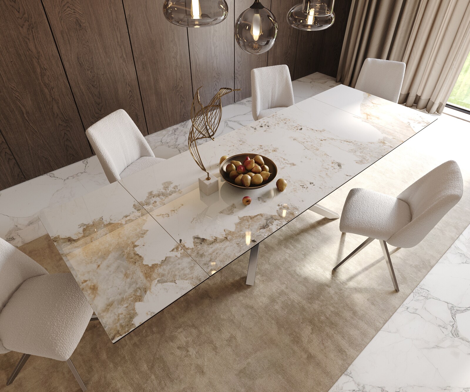 Table à manger Edge 200-300x100 céramique Minas mélange blanc-beige cadre croisé rectangulaire acier inoxydable extensible 5