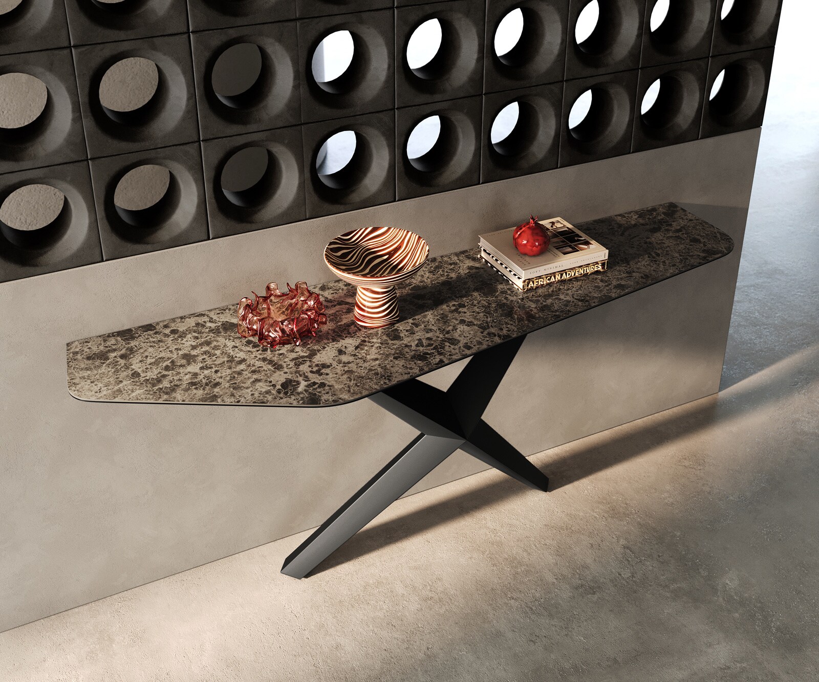 Console Edge Polygonal 180x50 cm Céramique Emperador Extra Lucidato Dunkelbraun Zentharo Métal Noir 2