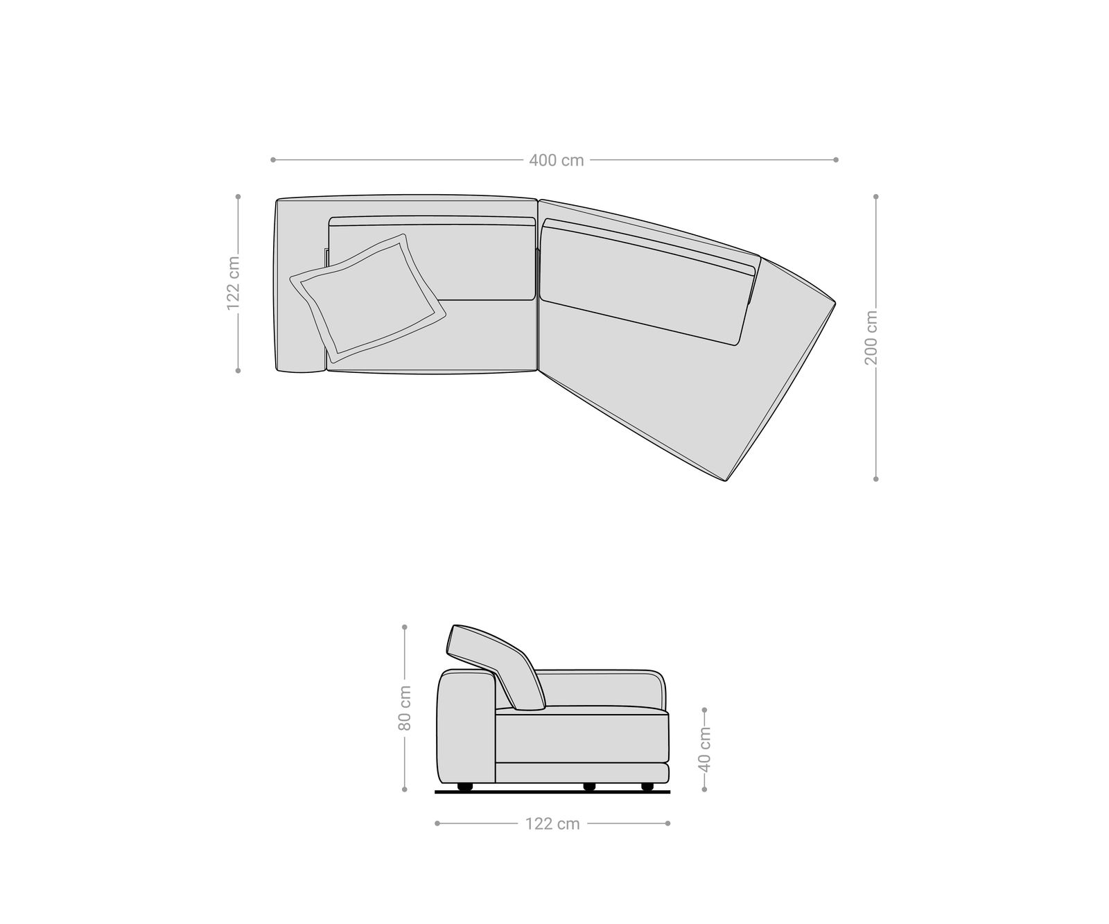 Bigsofa Snoosh 400x150 cm Tissu structuré gris soft avec méridienne à droite 9