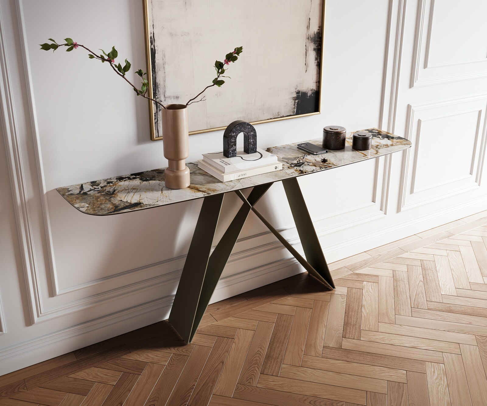 Console Edge forme bateau 180x40 cm Céramique Patagonia Poliert Velio Métal Effektfinish Titan 1