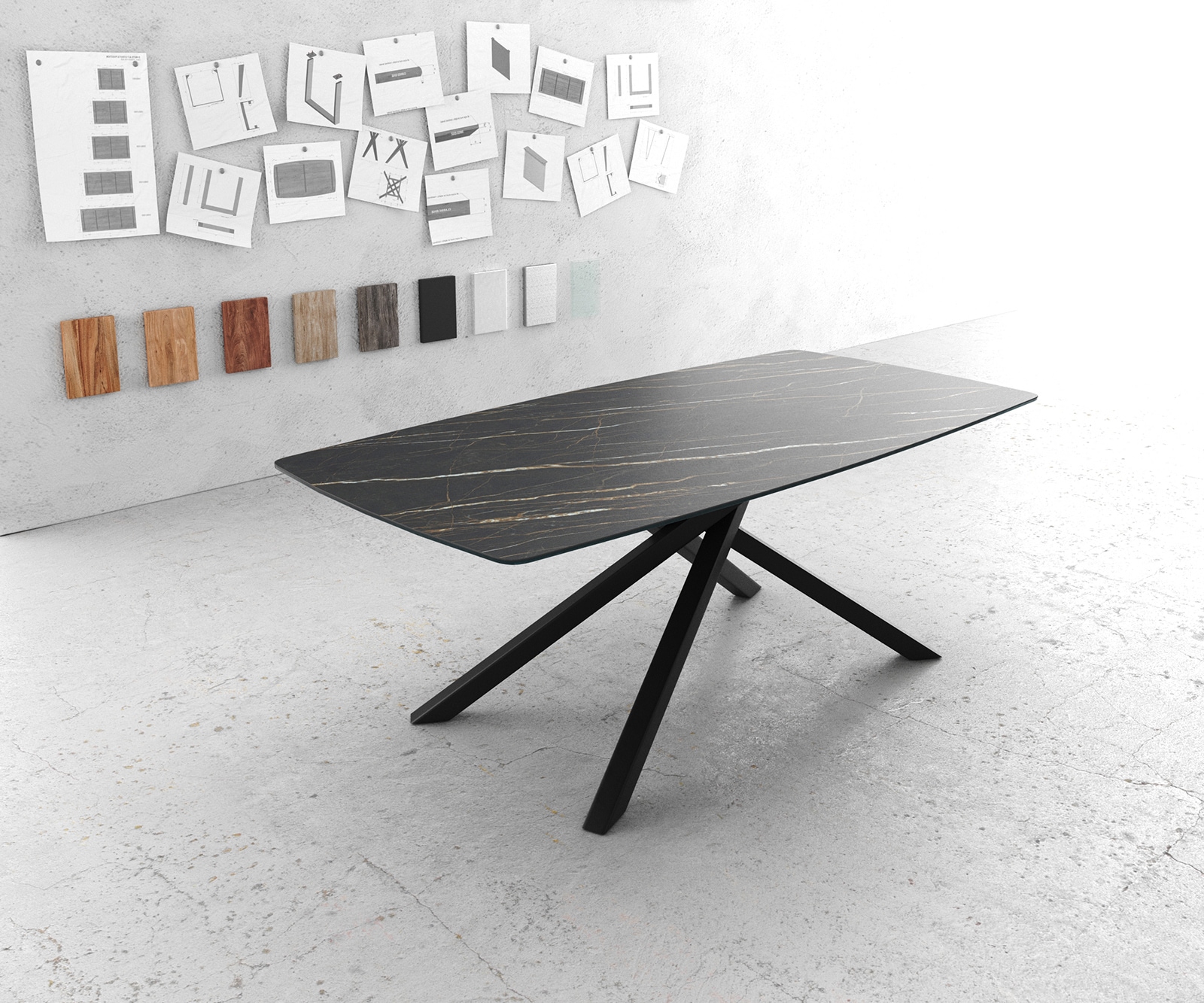 Table-à-manger Edge forme Boot 200x100cm Laminam® céramique marron pieds milieu croisé noir Table-à-manger Edge forme Boot 200x100cm Laminam® céramique marron pieds milieu croisé noir