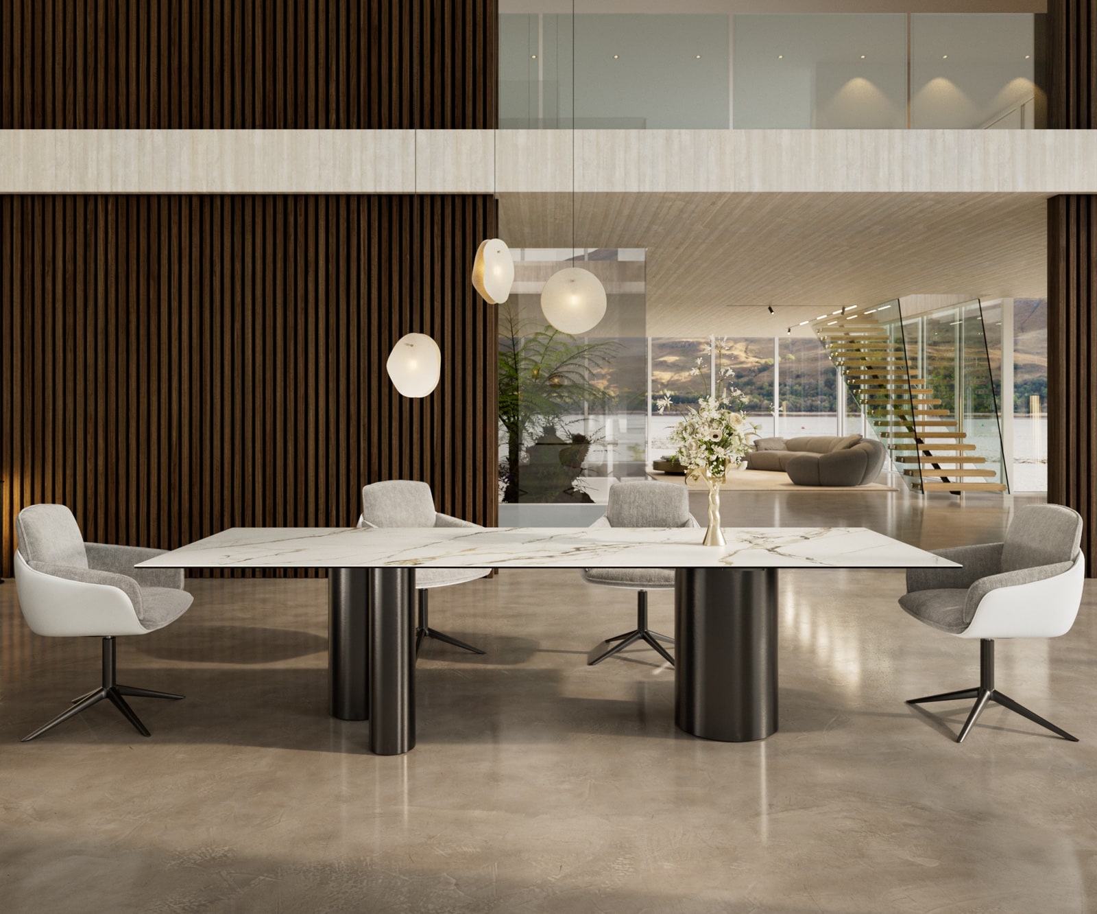 Table à manger Edge 300x100 Céramique Calacatta Luxe Blanc-Doré-Gris Troa Acier inoxydable Graphite Table à manger Edge 300x100 Céramique Calacatta Luxe Blanc-Doré-Gris Troa Acier inoxydable Graphite