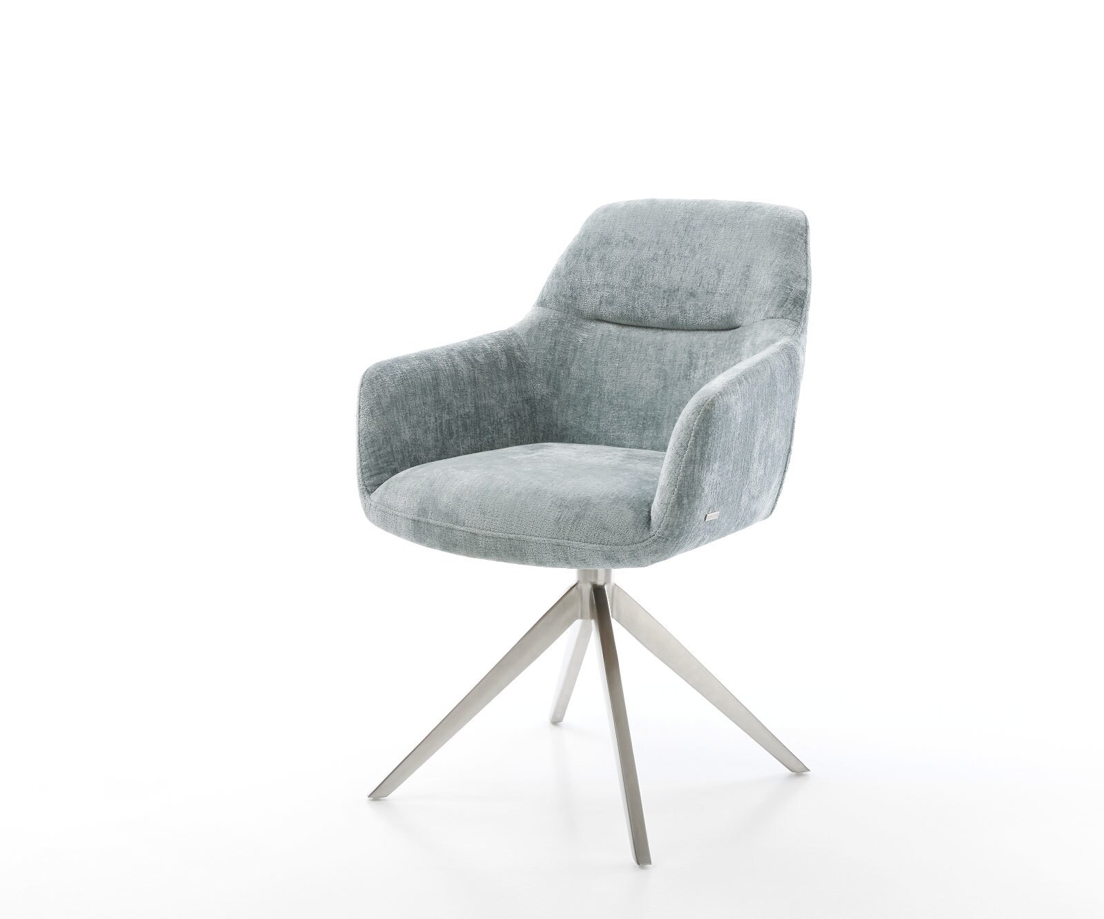 Chaise-pivotante Pejo-Flex chenille bleu pastel pied croisé large acier inoxydable brossé pivotement sur 360° fonction bascule ressorts ensachés