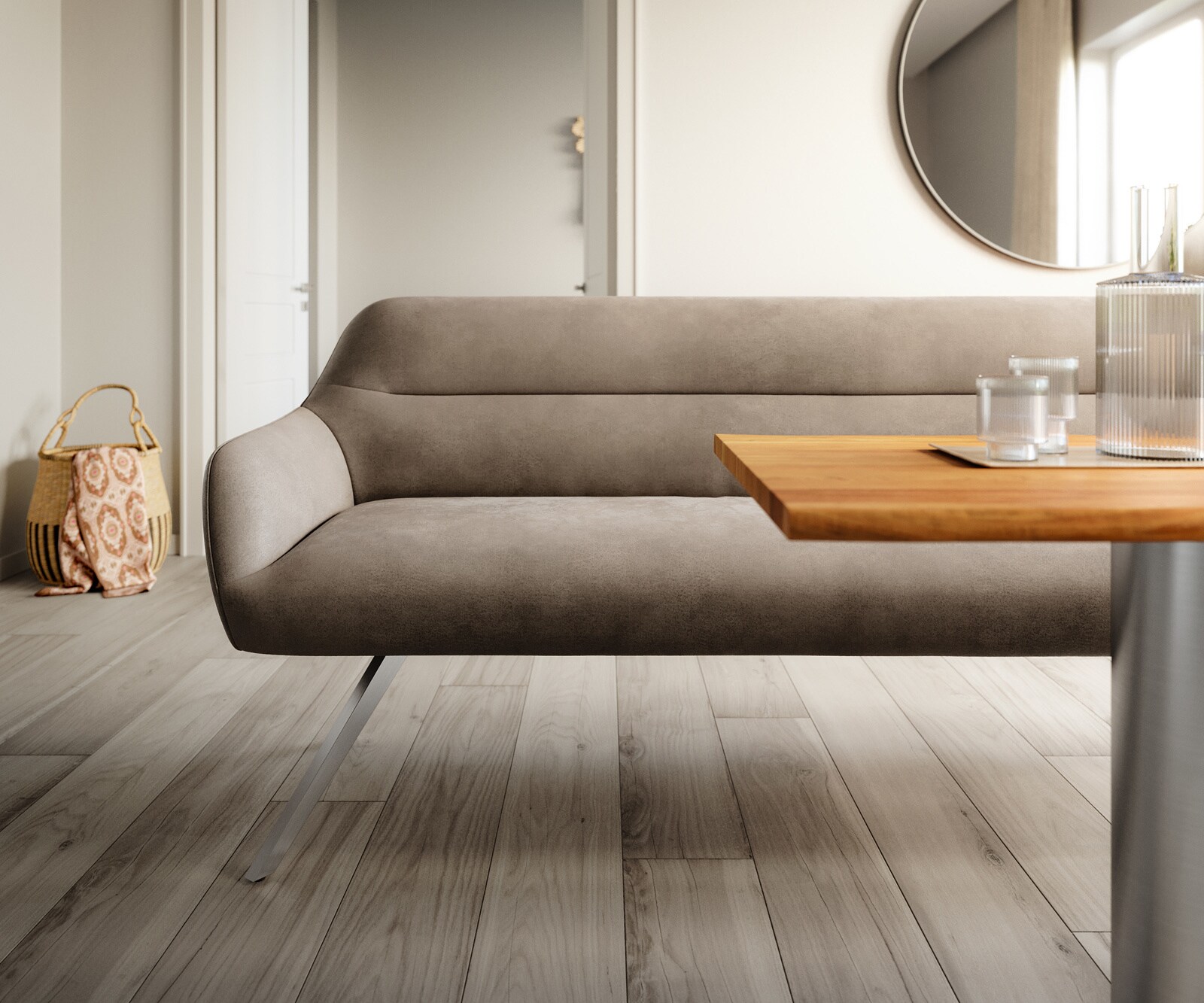 Banc-de-salle-à-manger Taya-Flex 200 cm microfibre taupe vintage pied croisé angulaire acier inoxydable ressort ensaché 1