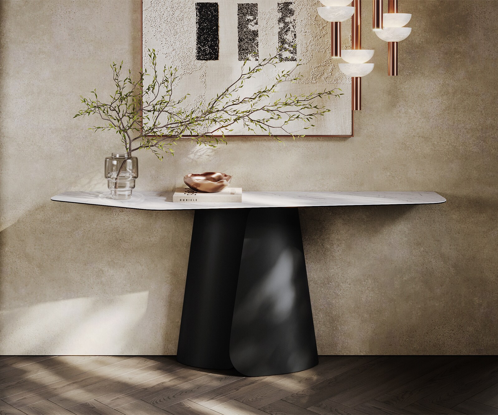 Console Edge Polygonal 180x50 cm Céramique Laminam® Statuarietto Weiß Livos Métal Noir