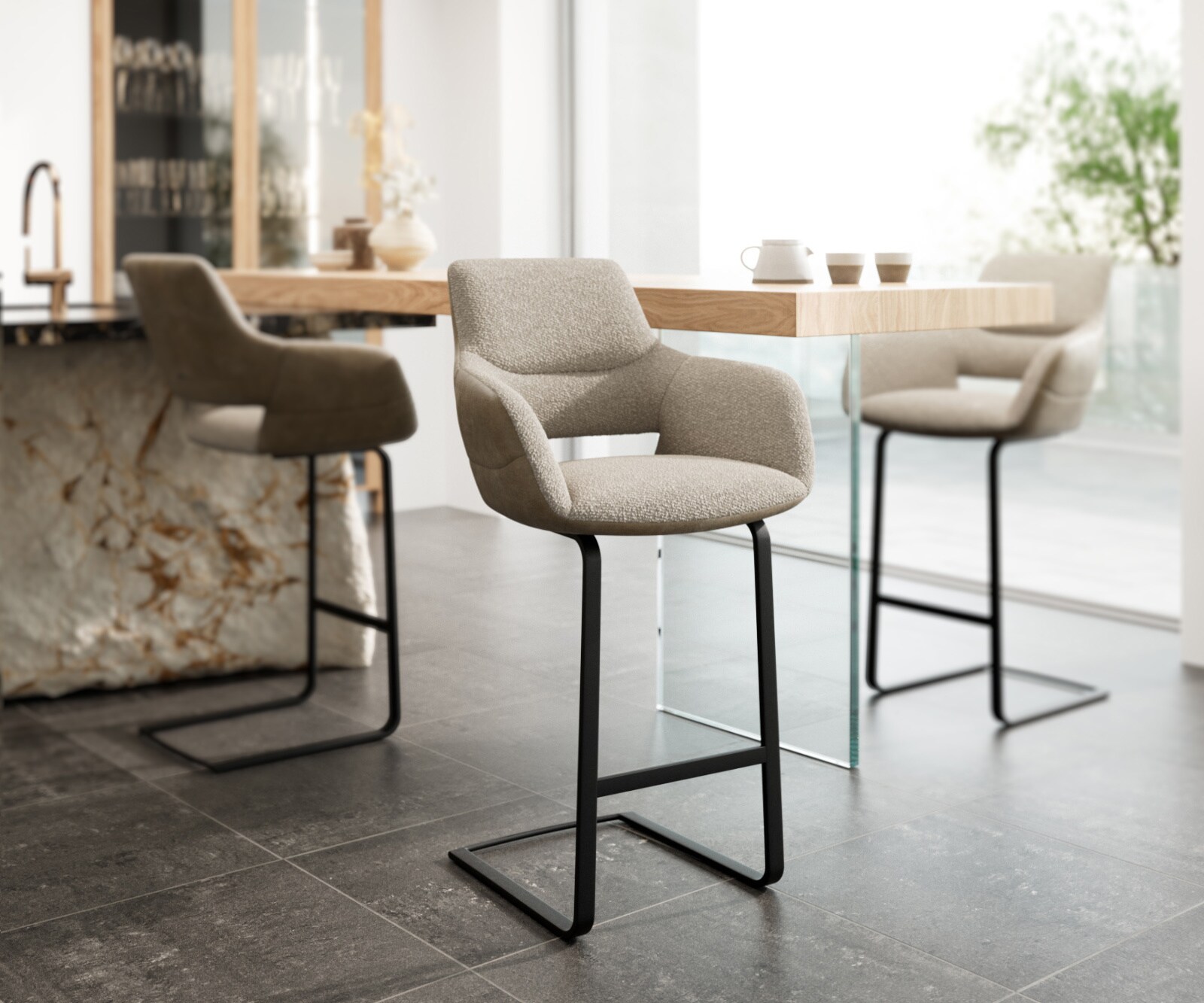 Chaise-de-bar Yago-Flex mélange de matériaux microfibre boue / bouclé boue cadre luge plat métal noir ressorts ensachés