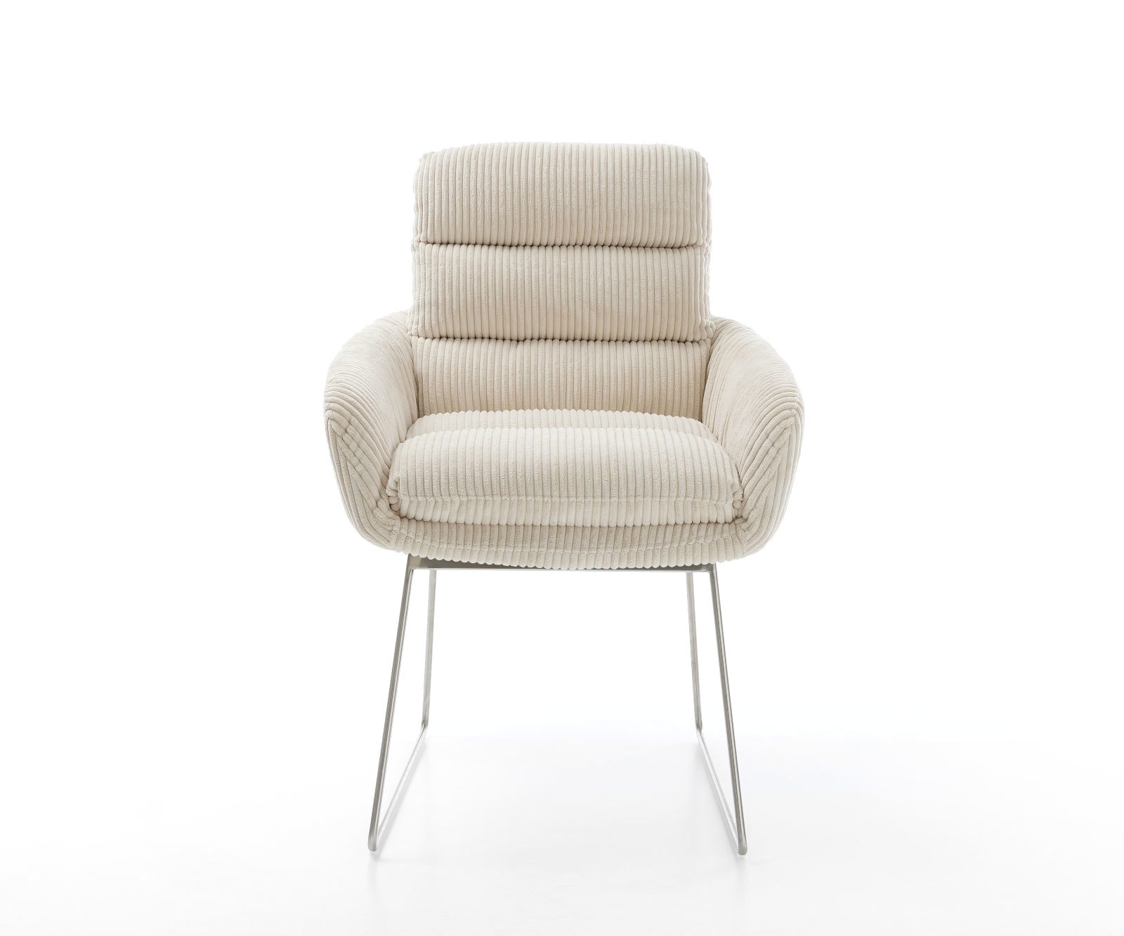 Chaise-de-salle-à-manger Abelia-Flex avec accoudoirs côtelé beige vintage pied trapèze acier inoxydable brossé 2