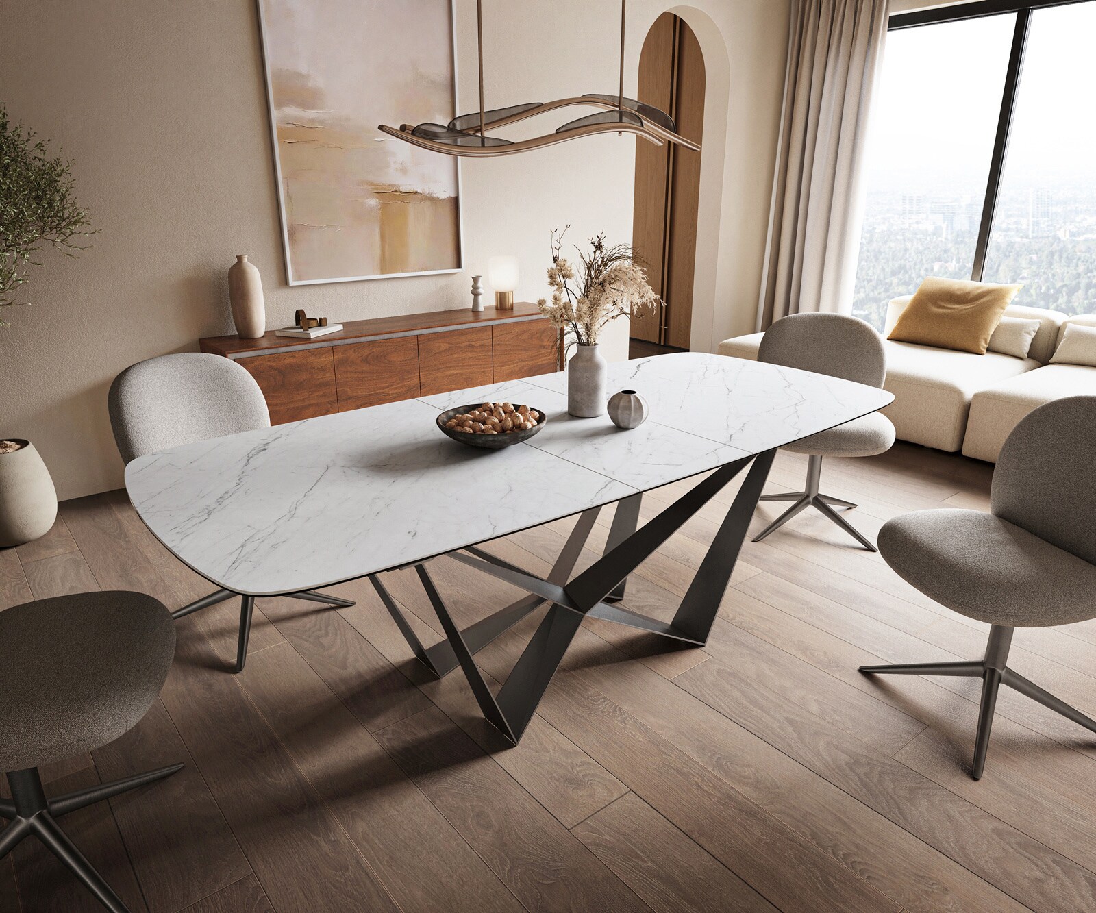 Table à manger Edge Boot 180-220x100 cm Céramique Laminam® Statuarietto Blanc Spider Flachstahl Acier inoxydable Graphite extensible 1