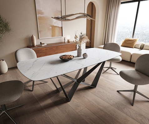 Table à manger Edge Boot 180-220x100 cm Céramique Laminam® Statuarietto Blanc Spider Flachstahl Acier inoxydable Graphite extensible