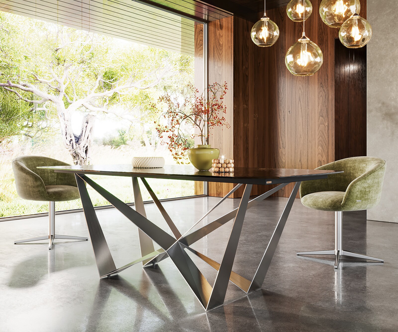 Table à manger Edge en forme de bateau 200x100 verre fondu noir fumé relief en 3D Spider acier plat acier inoxydable 4