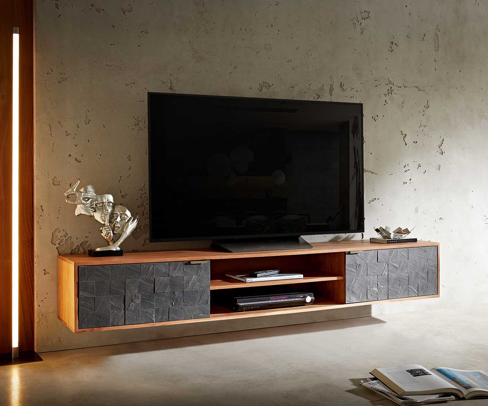 Meuble-TV Teele 200 cm acacia naturel ardoise 2 portes flottantes Meuble-TV Teele 200 cm acacia naturel ardoise 2 portes flottantes