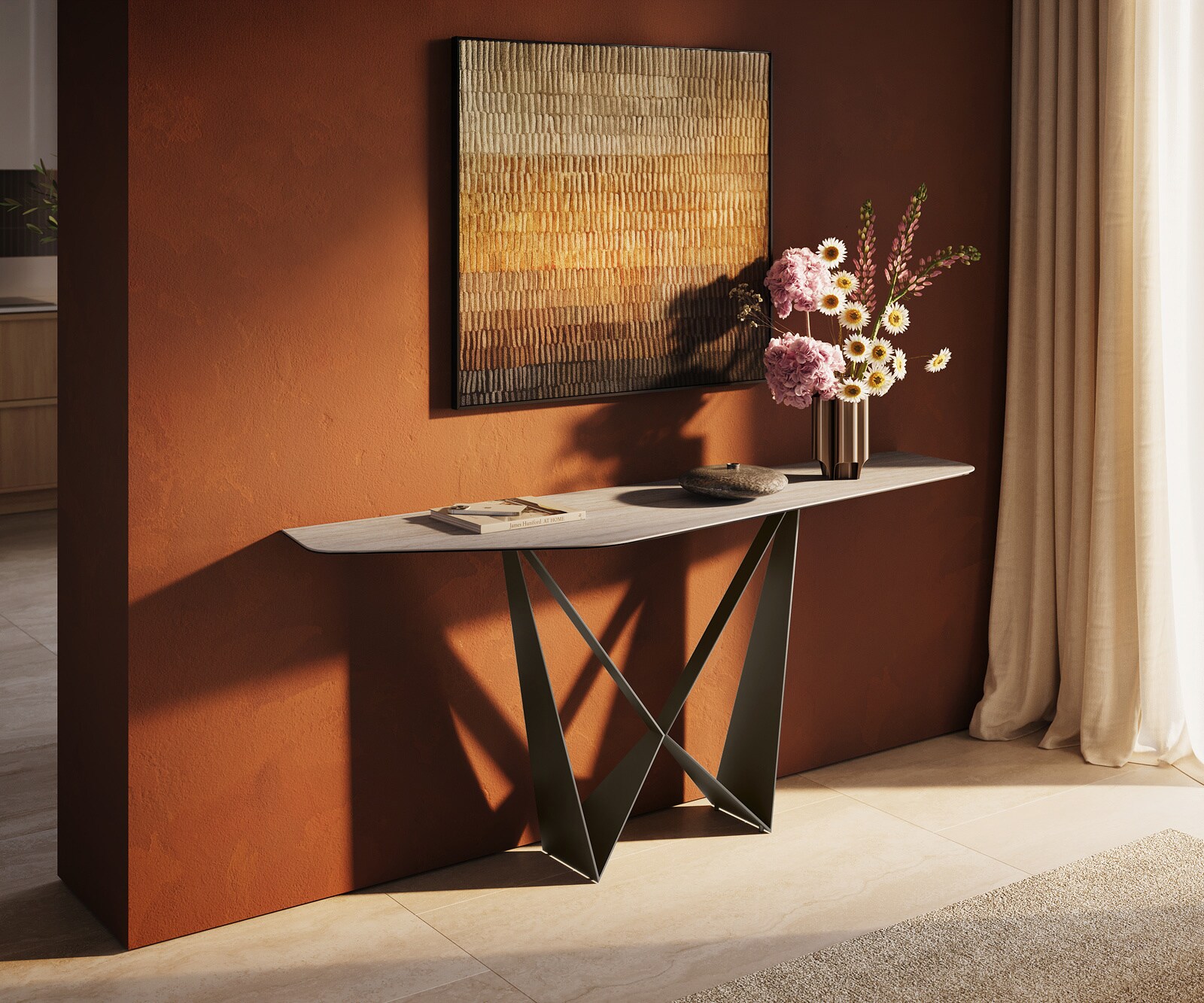 Console Edge Polygonal 180x50 cm Céramique Laminam® Travertino Bianco Creme-Weiß Spios Métal Effektfinish Titan 1
