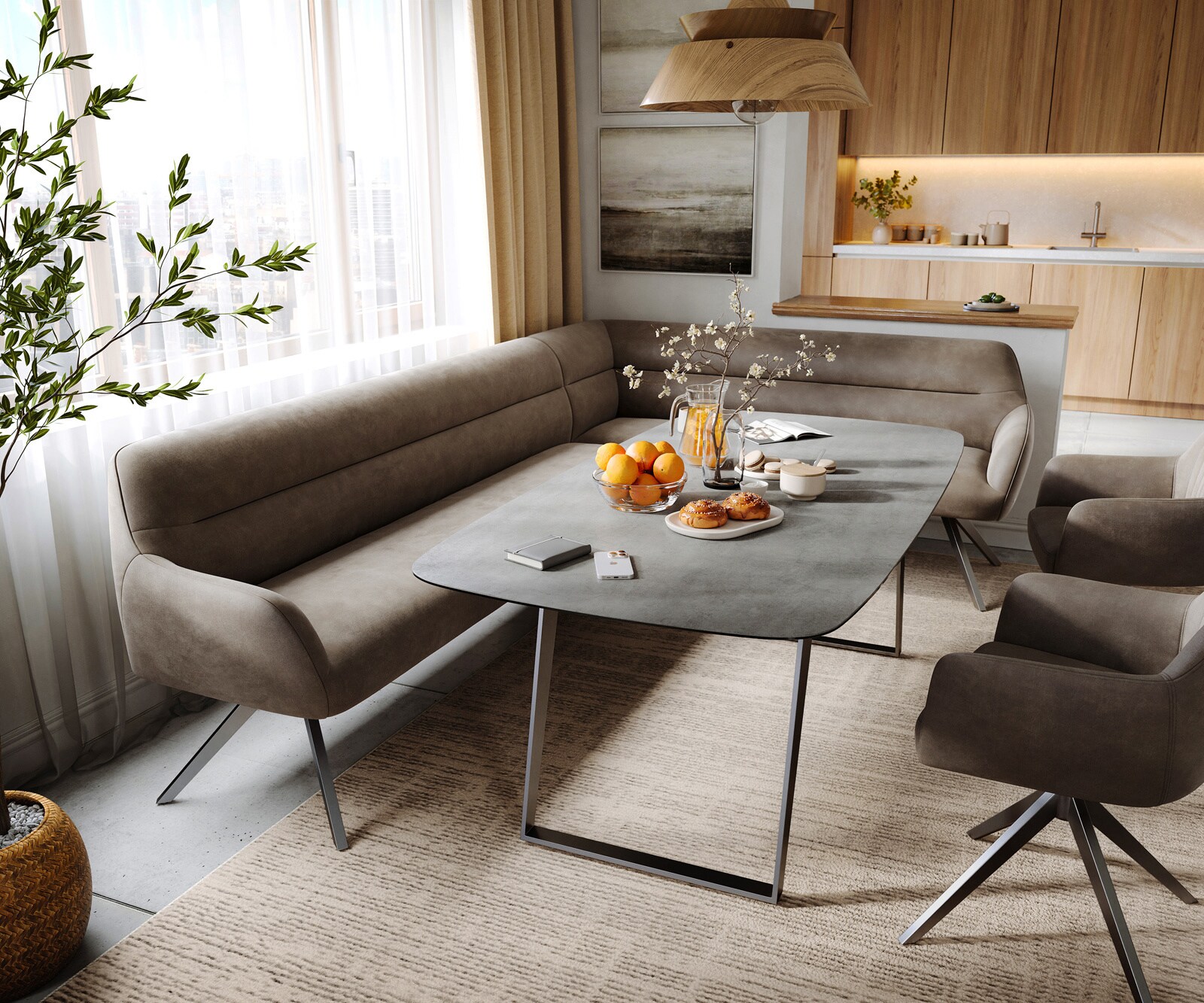 Banc-de-salle-à-manger Taya-Flex 285x190 cm microfibre taupe vintage pied croisé angulaire grafiete ressort ensaché liens 1