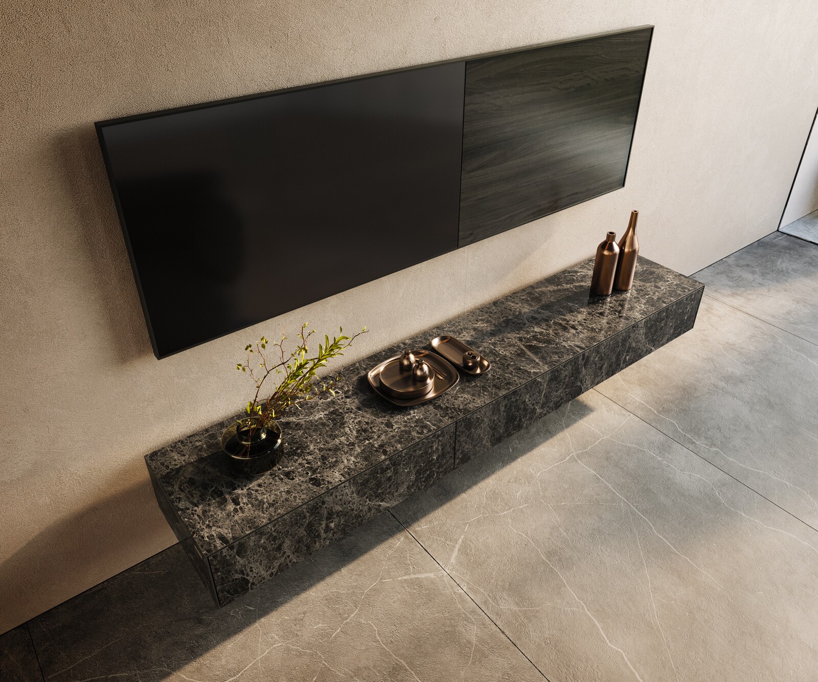 Meuble-TV Cuor 200 cm Céramique Emperador Extra Lucidato brun foncé 1 Clapet 1 Tiroir Flottant 3