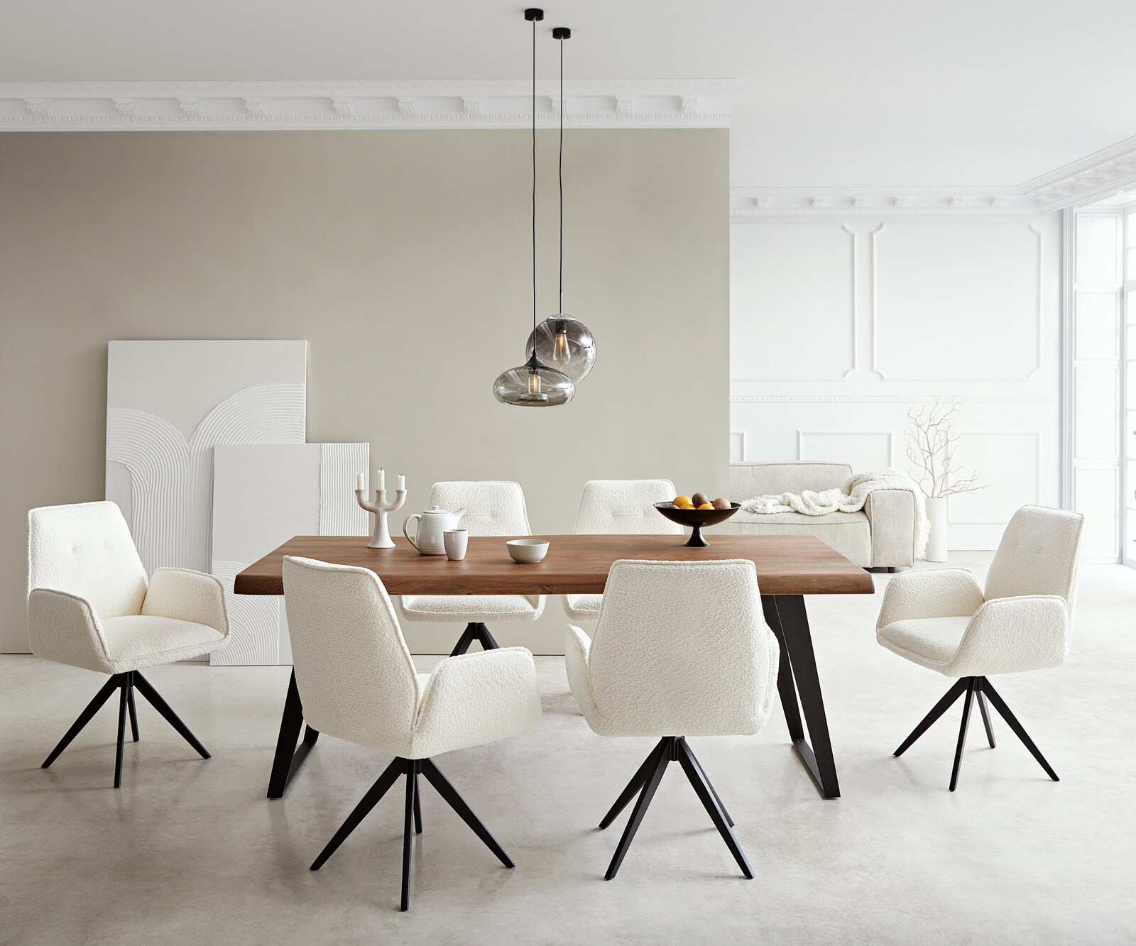 Chaise-de-salle-à-manger Zoa-Flex bouclé blanc pied croisé angulaire noir ressorts ensachés 3 Chaise-de-salle-à-manger Zoa-Flex bouclé blanc pied croisé angulaire noir ressorts ensachés 3