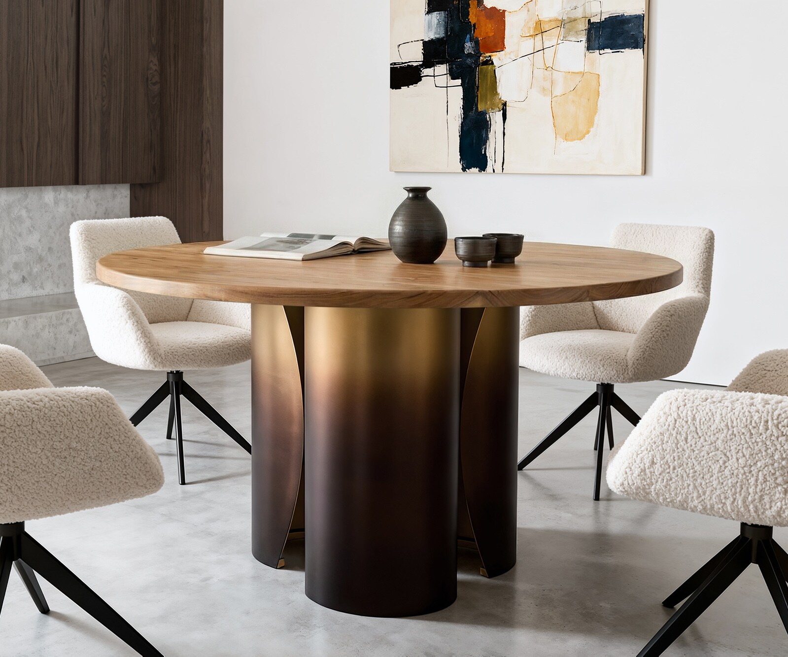 Table-à-manger Adenza ronde 140 x 140 cm Acacia naturel Métal Finition fusion dorée