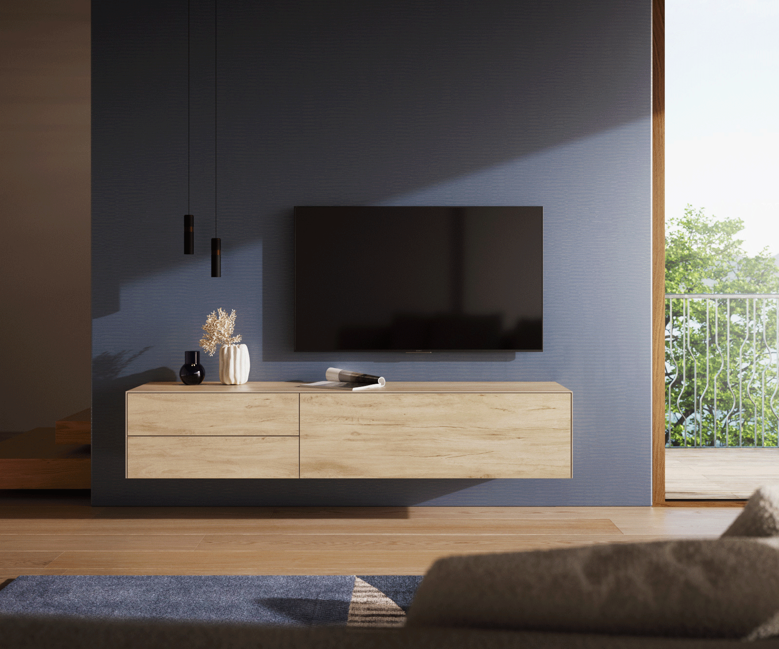 Meuble-TV Cuor 180 cm Céramique Laminam® Sabbia Teinte chêne 1 Clapet 2 Tiroirs Flottant 2