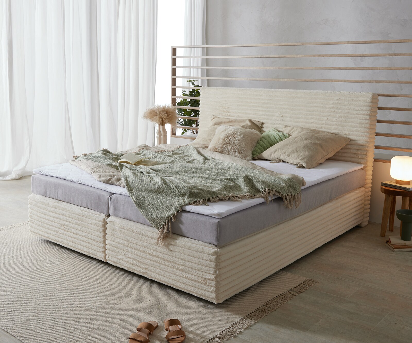 Lit Boxspring Dream-Well Velours Côtelé Beige 180x200 cm Matelas Bonell Topper en Mousse PU 5