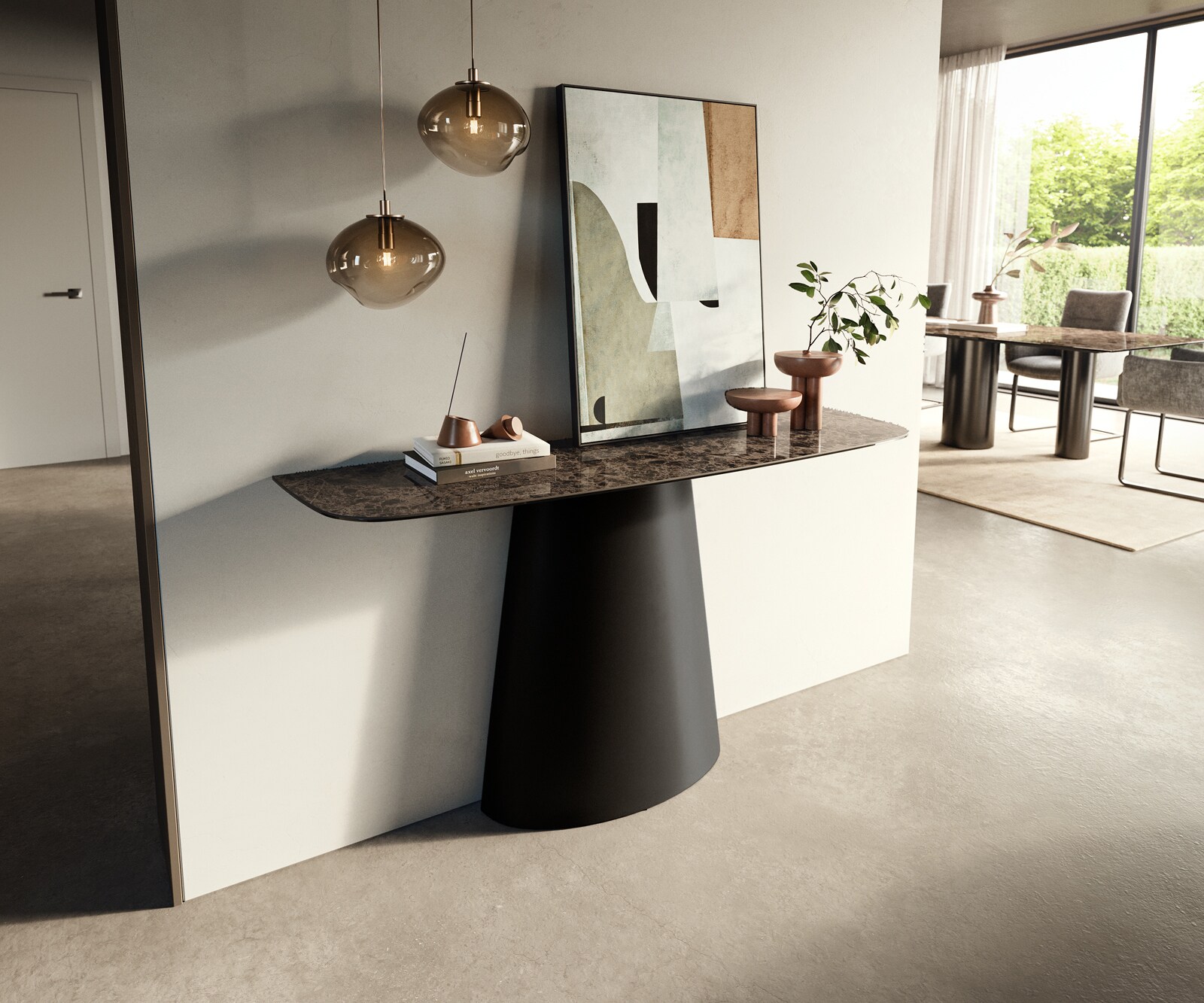 Console Edge forme bateau 140x40 cm Céramique Emperador Extra Lucidato Dunkelbraun Conos Métal Noir 3