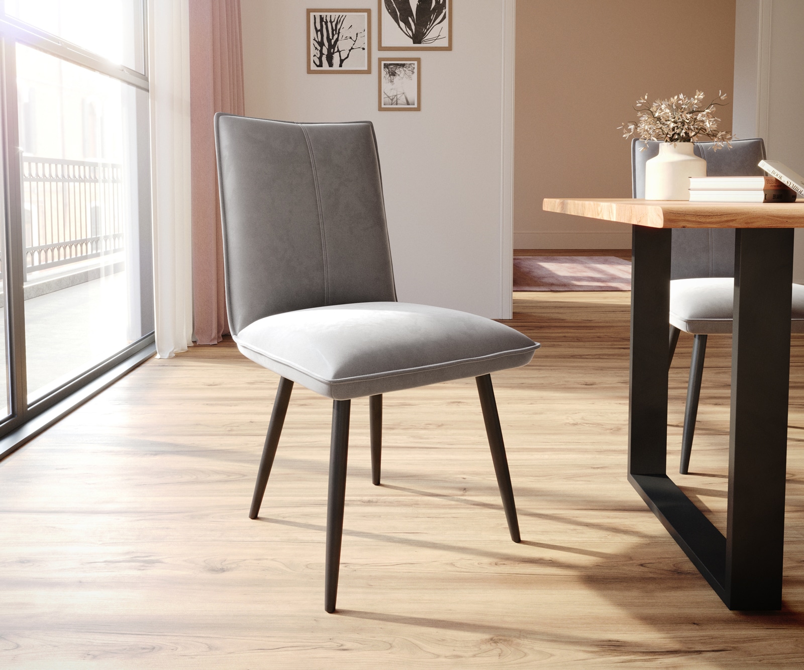 Chaise-de-salle-à-manger Lelio-Flex velours gris 4 pieds coniques noir ressorts ensachés 1