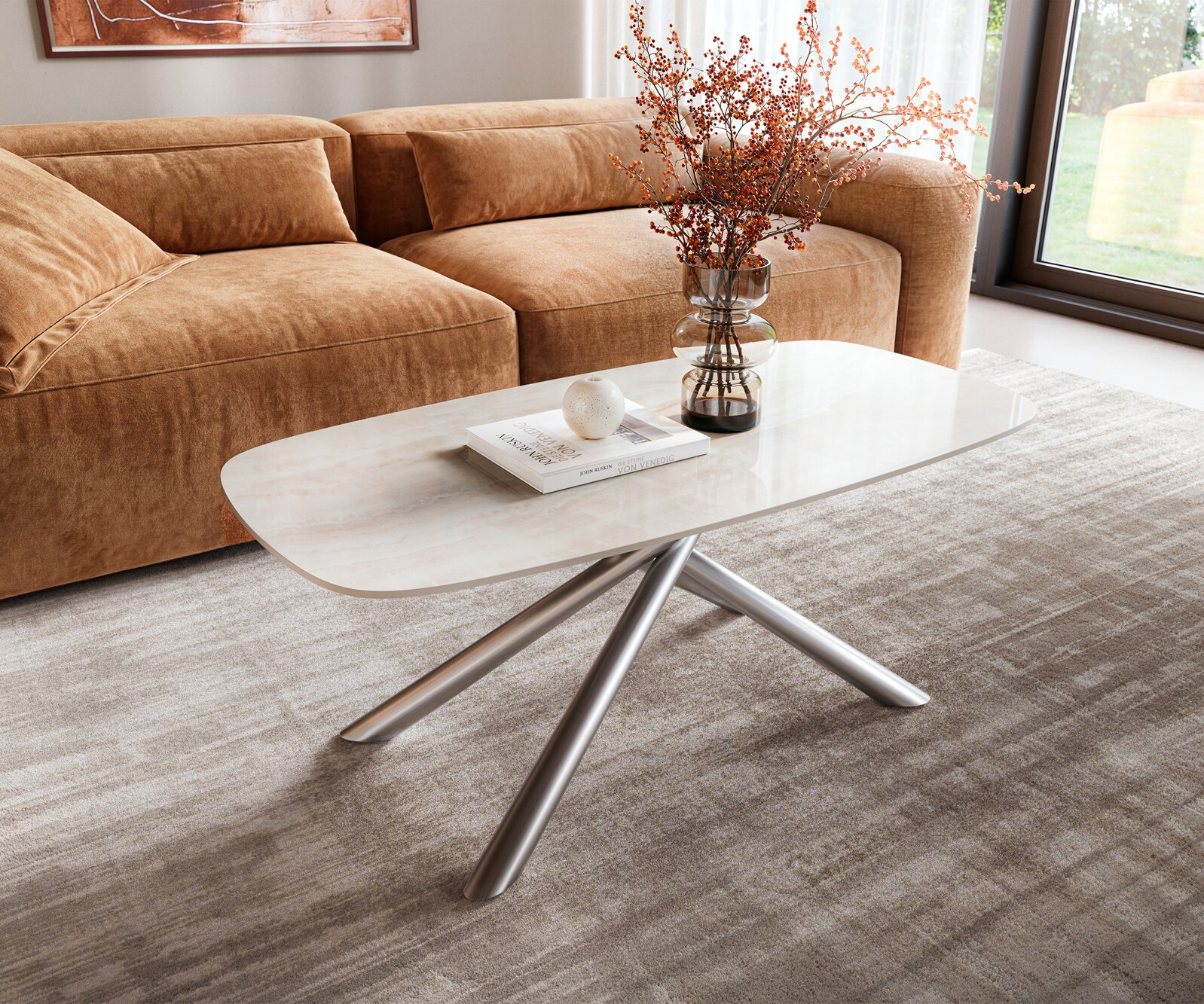 Table basse Edge forme bateau 100x50 cm céramique Onyx Champagne Sarity acier inoxydable brossé 1