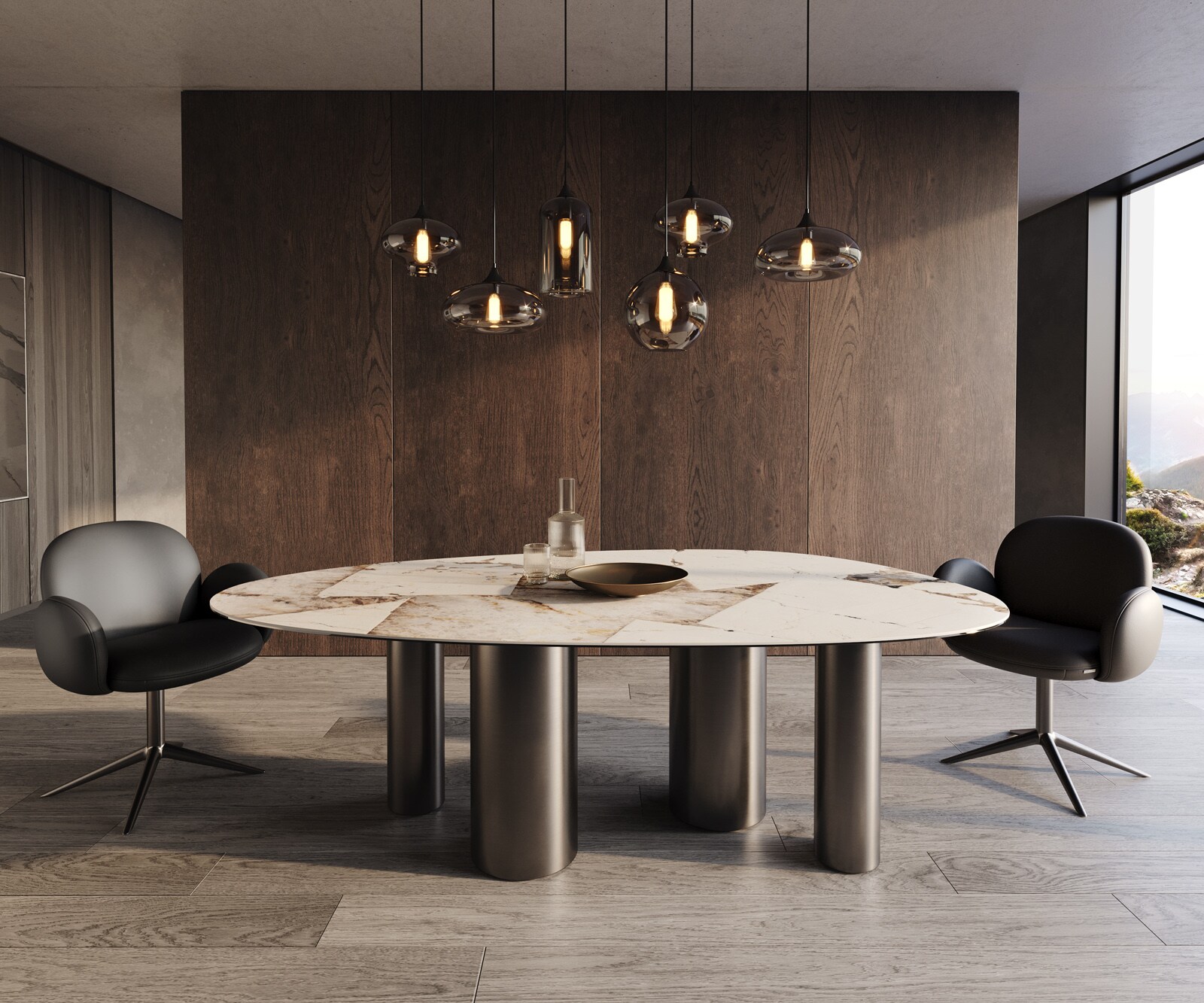 Table à manger Edge Oval 220x120 Céramique Iris FMG Patagonia Lappato Pilier Acier inoxydable Graphite 1