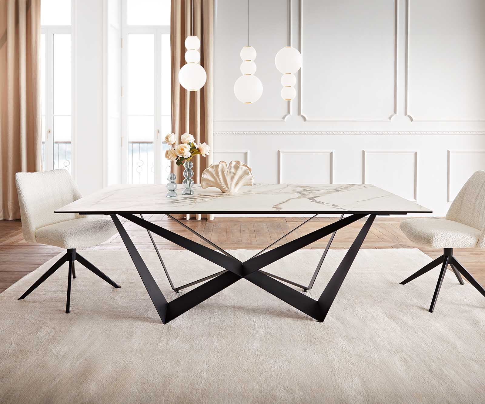 Table à manger Edge 200x100 céramique Calacatta Luxe blanc-doré-gris Spider acier plat noir 1
