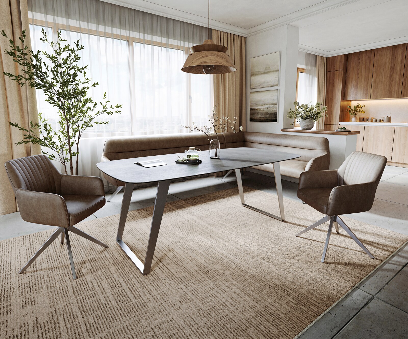 Table à manger Edge bateau 200x100 cm céramique béton gris inox incliné 6