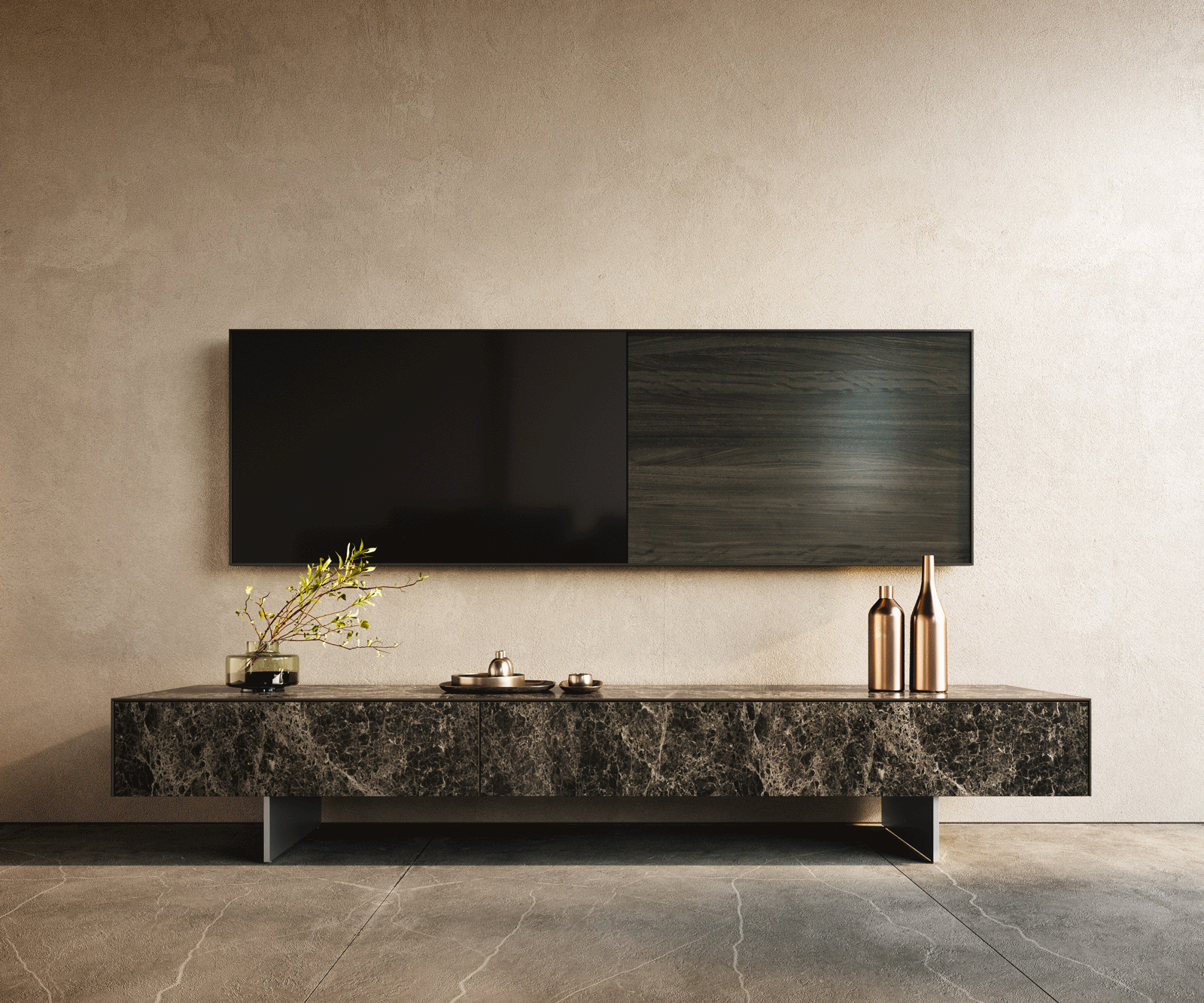 Meuble-TV Cuor 200 cm Céramique Emperador Extra Lucidato brun foncé 1 Clapet 1 Tiroir Pied optique flottant Ancier inoxydable 1