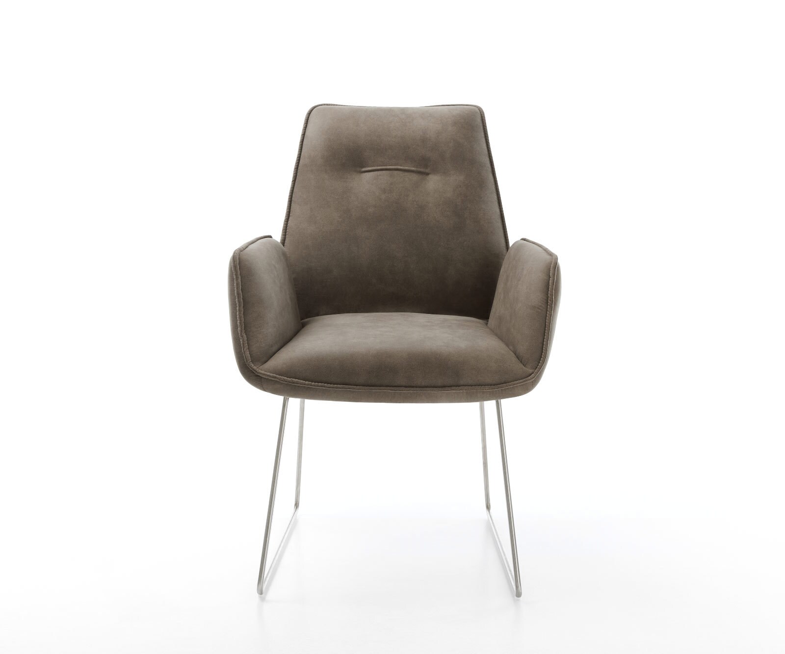 Chaise-de-salle-à-manger Zoa-Flex microvelours taupe vintage pied trapèze acier inoxydable brossé ressorts ensachés 1