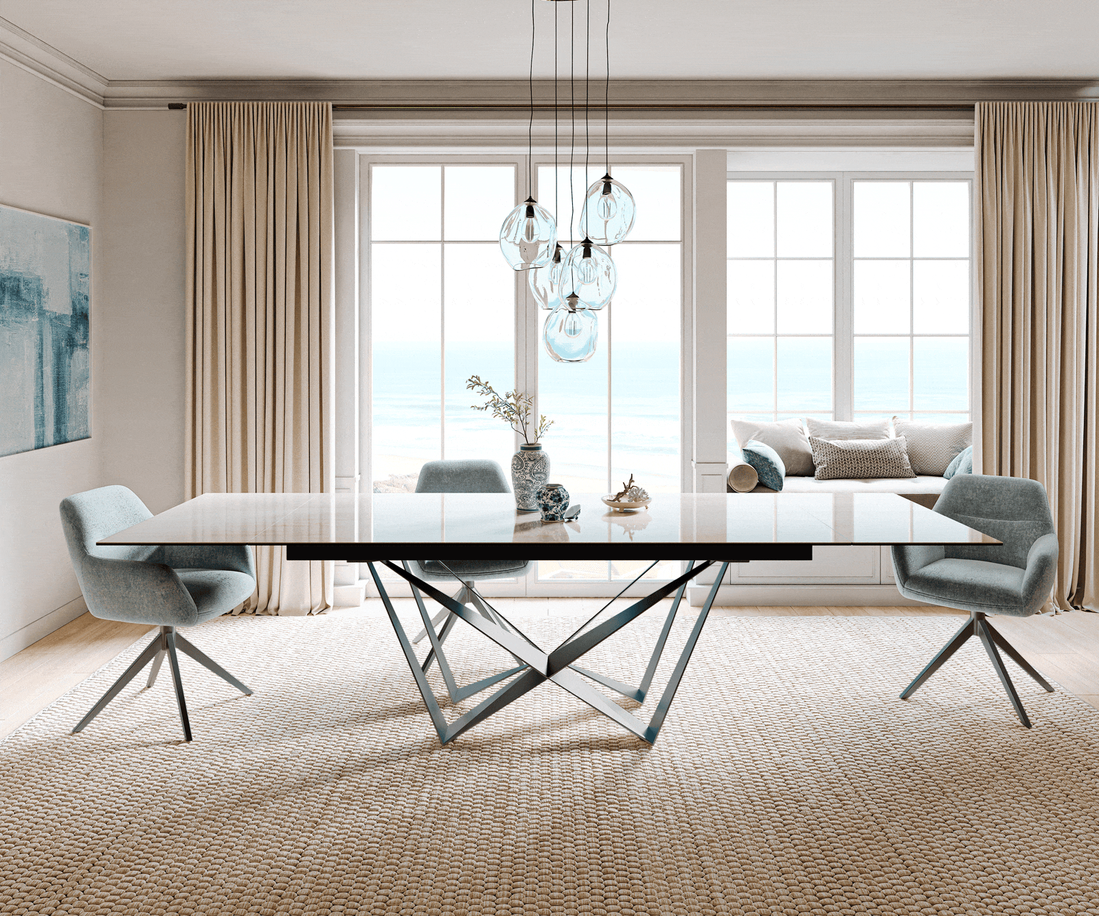 Table à manger extensible Edge 200-300x100 cm céramique Onyx Champagne Spider acier plat inox graphite 2