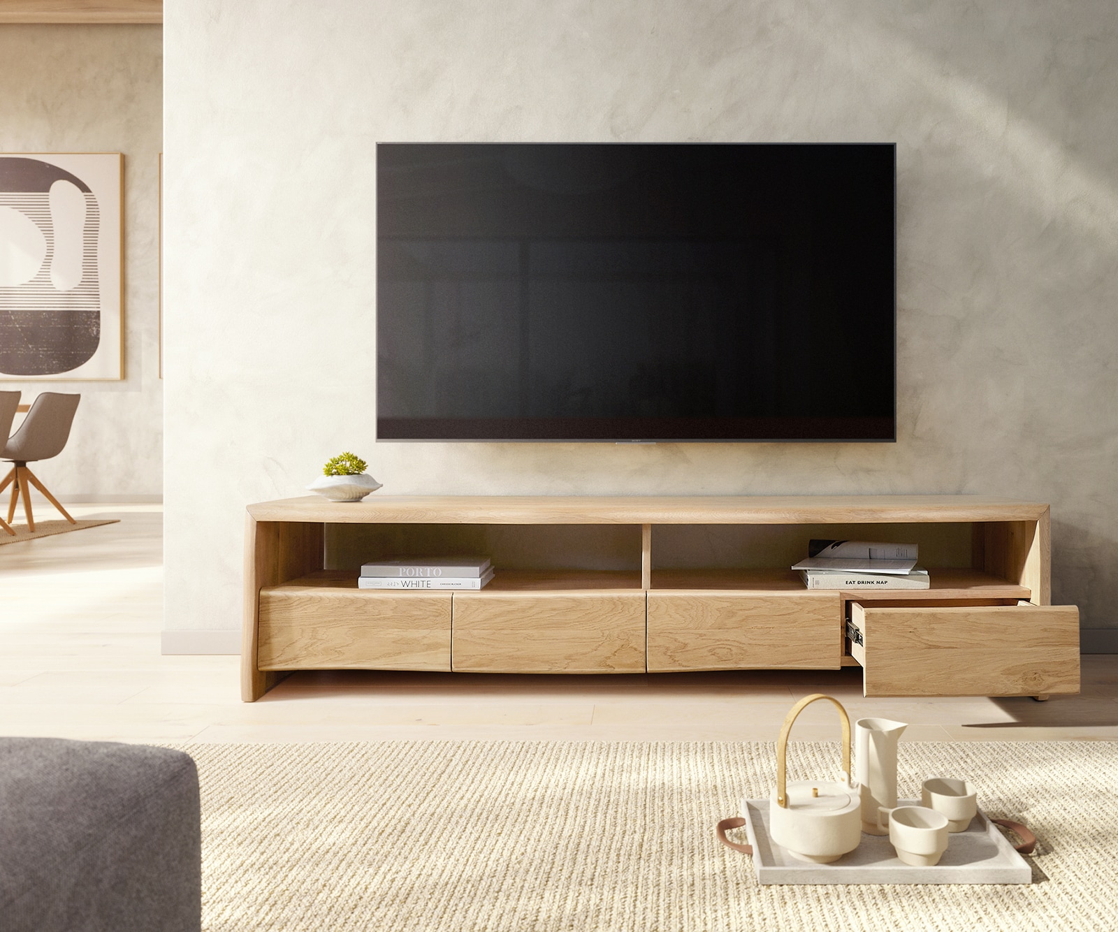 Meuble-TV Live-Edge 190 cm chêne naturel 4 tiroirs 2 compartiments bord d'arbre 4 Meuble-TV Live-Edge 190 cm chêne naturel 4 tiroirs 2 compartiments bord d'arbre 4