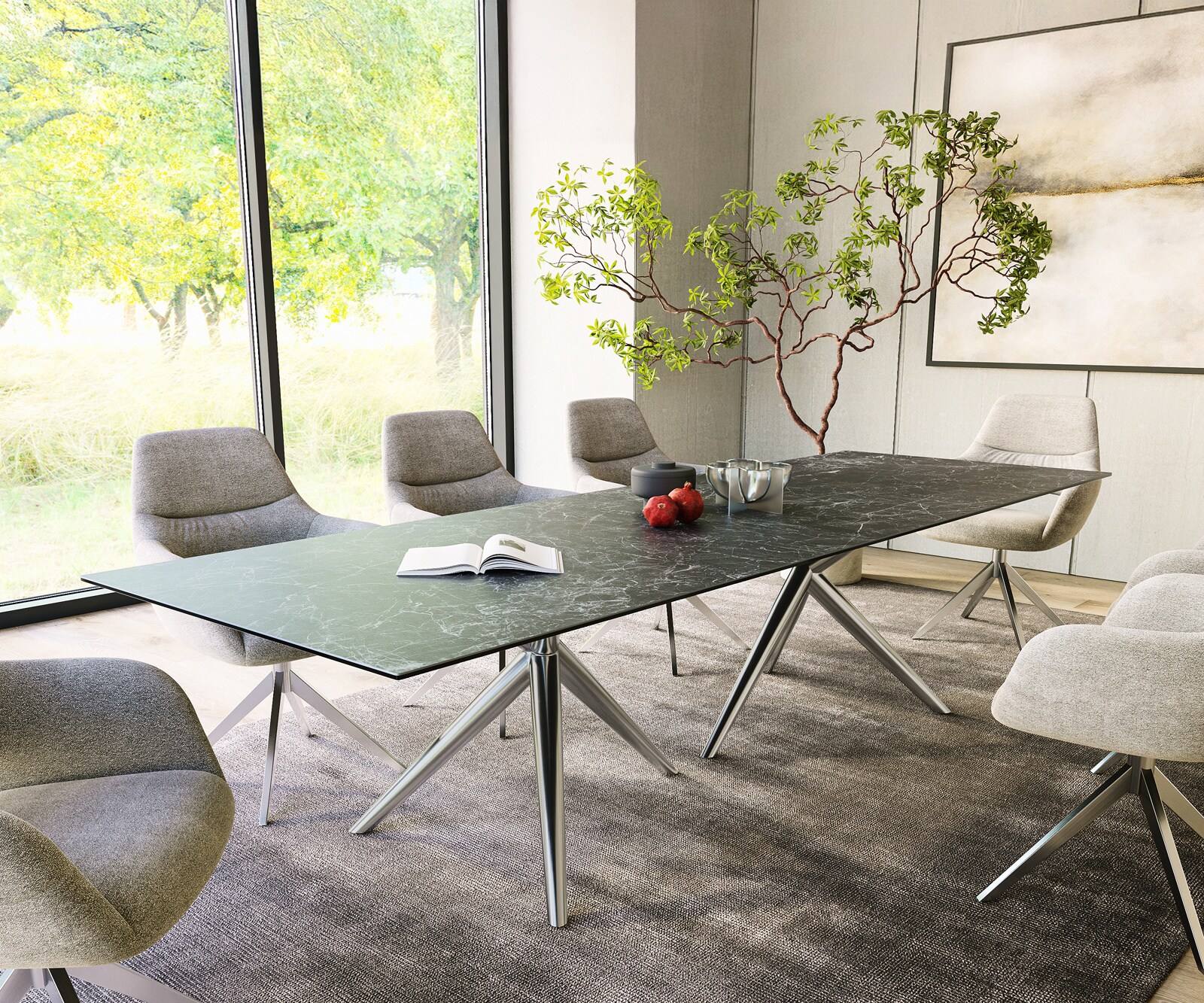 Table à manger Edge 300x100 Céramique Laminam®Nero Greco Anthracite Estelar rond Acier inoxydable