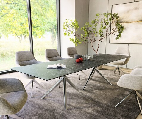 Table à manger Edge 300x100 Céramique Laminam®Nero Greco Anthracite Estelar rond Acier inoxydable
