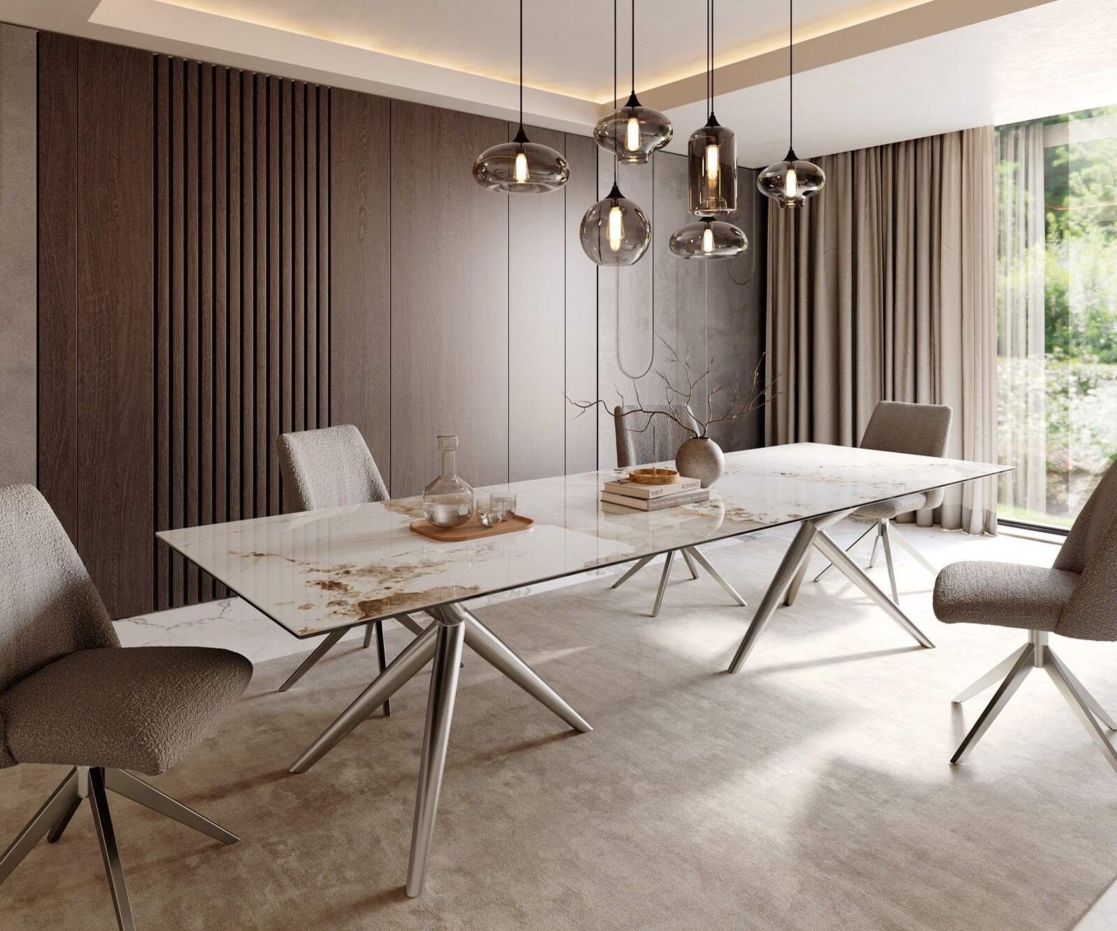 Table à manger Edge 300x100 Céramique Minas Melange Blanc-Beige Estelar rond Acier inoxydable 1