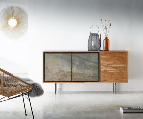 Buffet Juwelo 150 cm acacia nature avec placage de pierre 