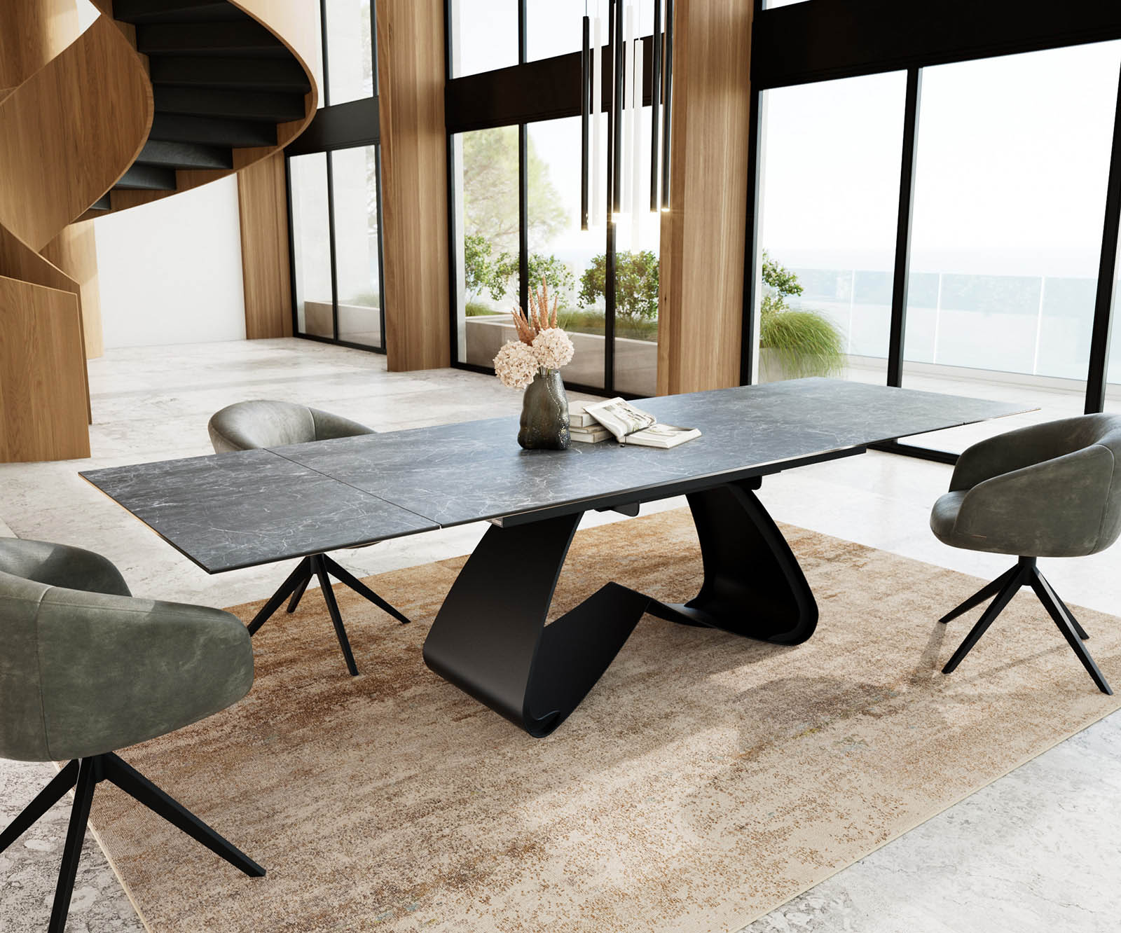 Table à manger Edge 200-300x100 céramique Laminam®Nero Greco gris cadre en W noir extensible 5