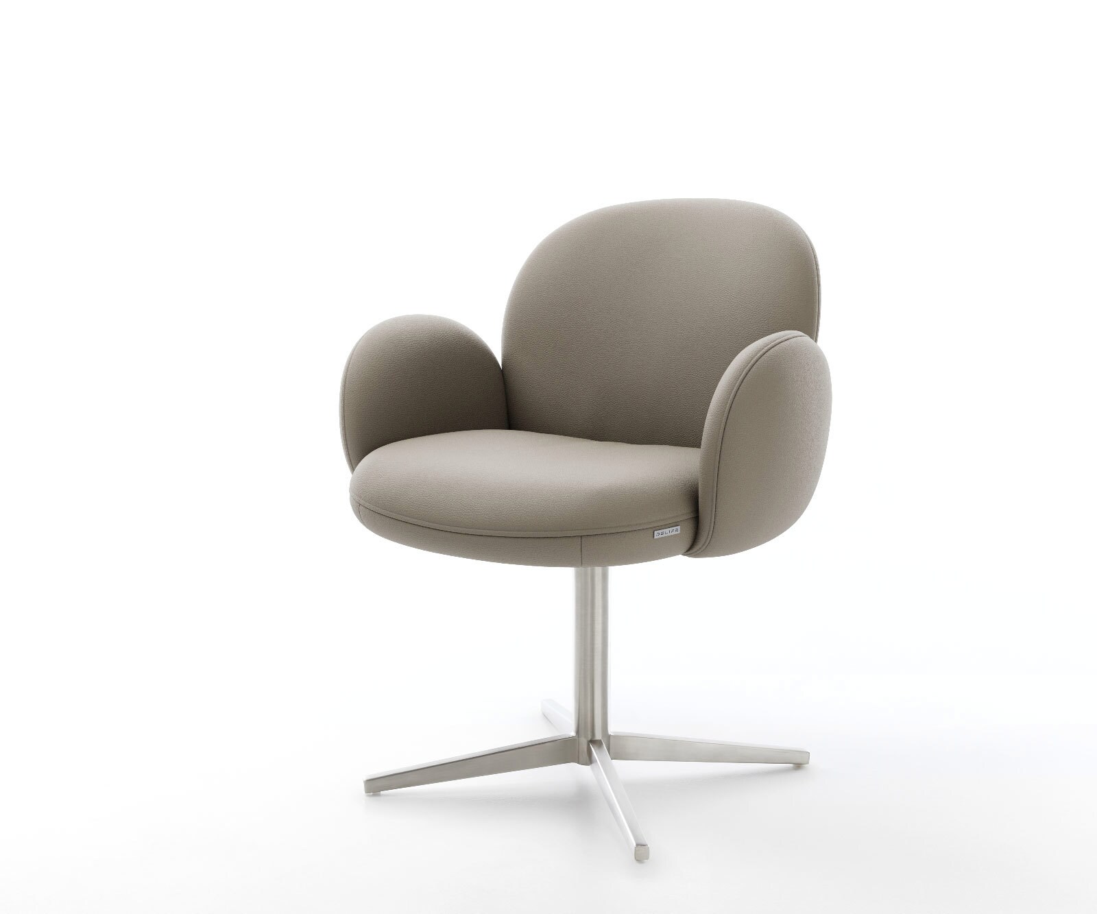 Chaise-pivotante Nube-Flex avec accoudoirs cuir de vache couleur boue pied de chaise 4 branches acier inoxydable brossé pivotement sur 360° ressorts ensachés