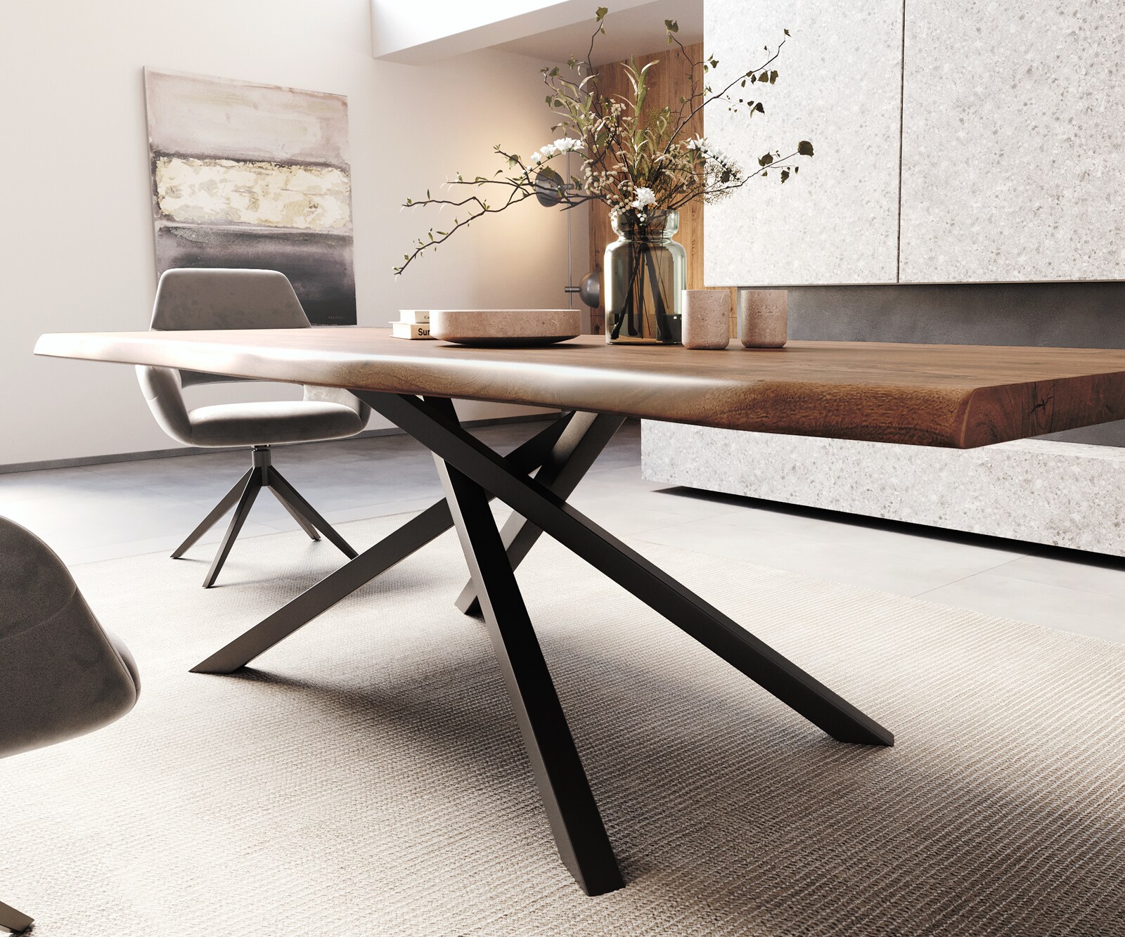 Table à manger Edge 260x100 XL acacia marron cadre croisé rectangle noir Live-Edge 4