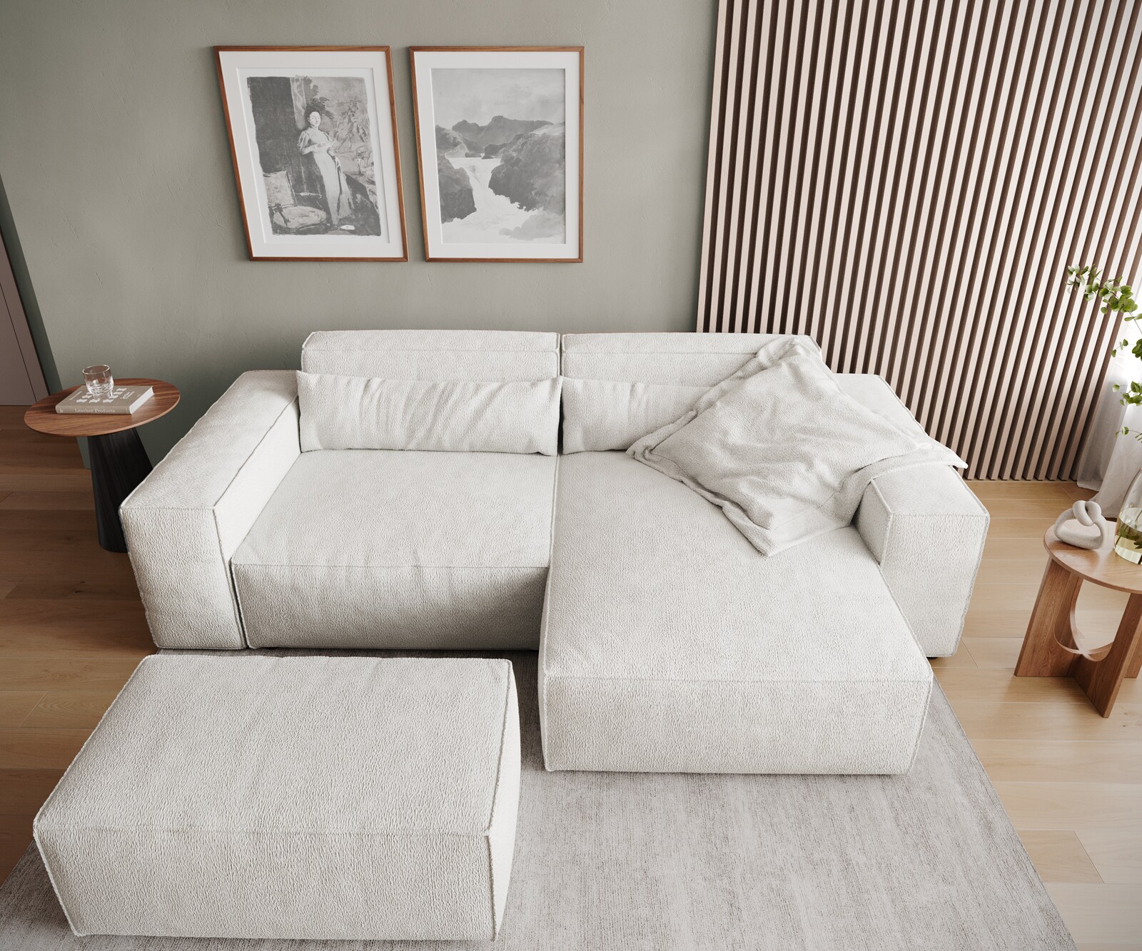 Canapé d'angle Sirpio 230x150 cm Bouclee Crème-blanc Recamiere variable avec Tabouret 5