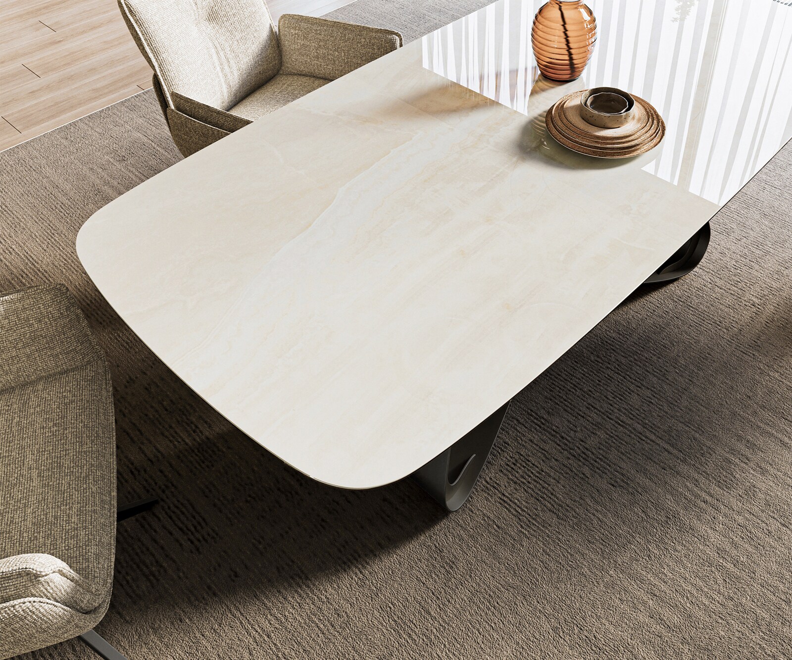 Table à manger Edge bateau 200x100 cm céramique Onyx Champagne piètement en W métal noir 4