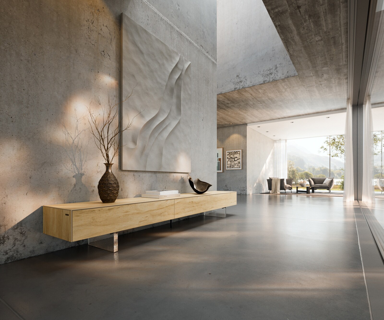 Meuble-TV Cuor 250 cm Céramique Laminam® Sabbia Teinte chêne 1 Clapet 1 Tiroir Pied optique flottant Verre acrylique