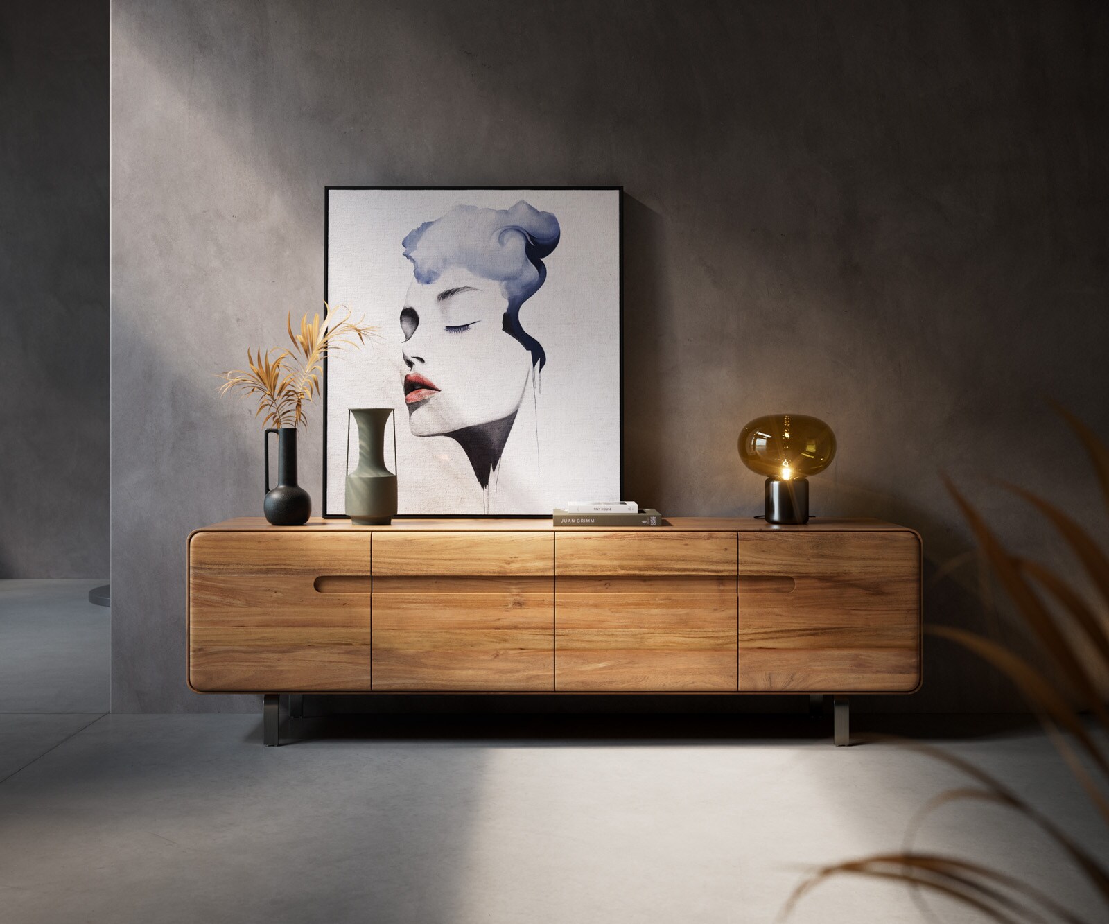 Meuble-TV Anaya 200 cm acacia naturel 4 portes pied en L inoxydable
