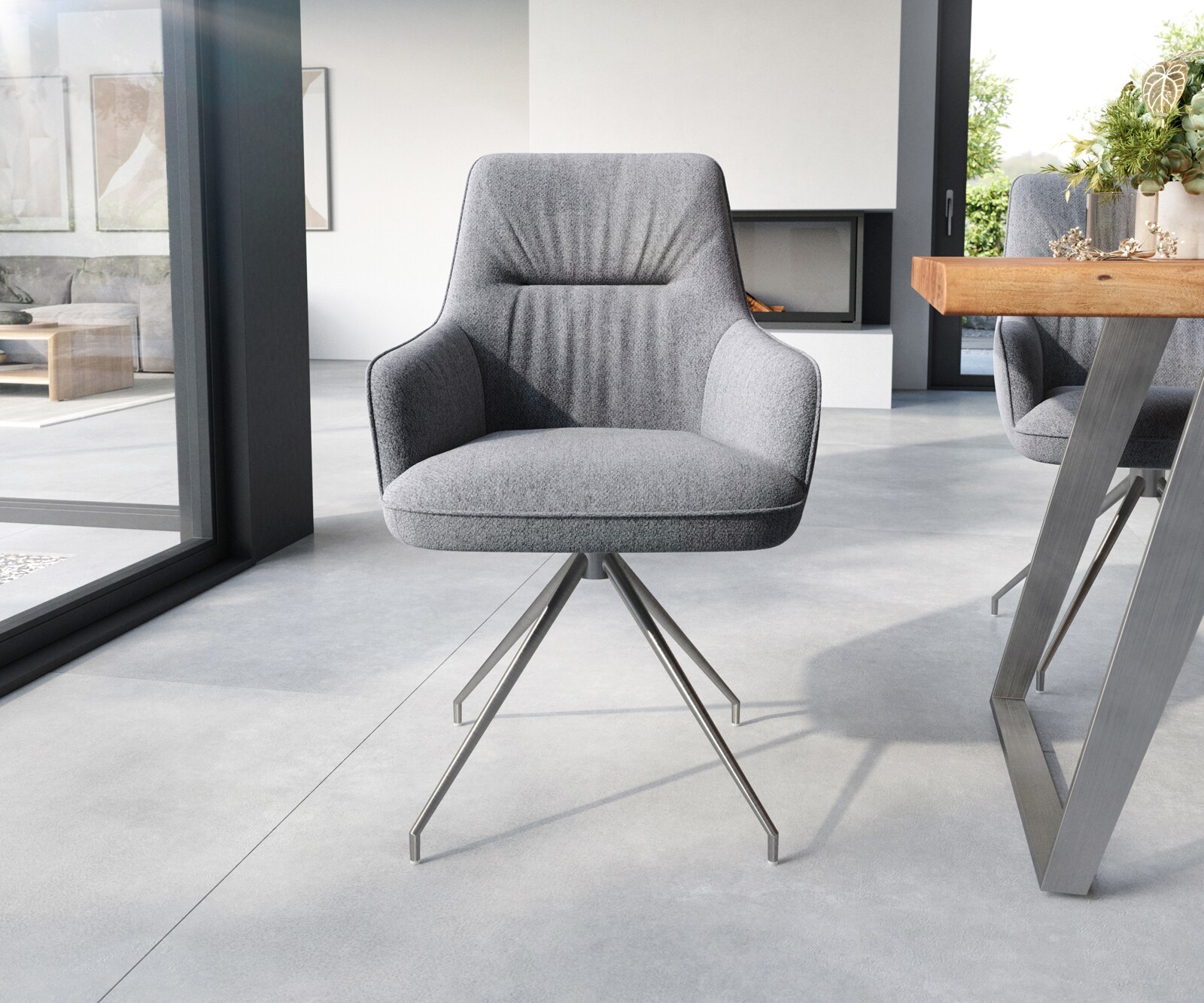 Chaise-de-salle-à-manger Zelia-Flex avec accoudoirs tissu texturé gris clair pied croisé conique acier inoxydable brossé ressorts ensachés 1 Chaise-de-salle-à-manger Zelia-Flex avec accoudoirs tissu texturé gris clair pied croisé conique acier inoxydable brossé ressorts ensachés 1